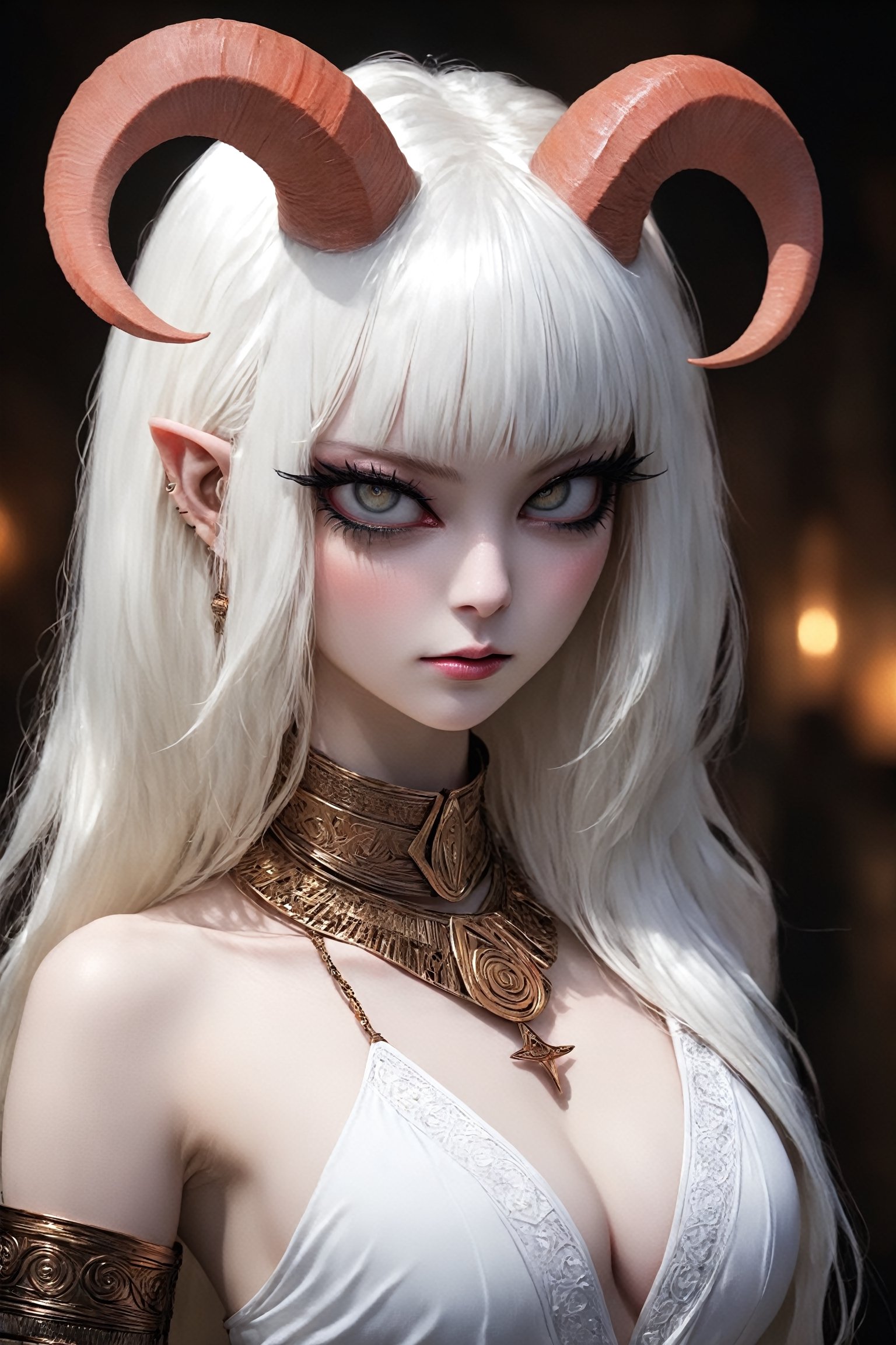 ultra Realistic, aura of enchantment and mystery, the albino demon girl, (Complex Longhorn: 1.2) ,Ancient Egyptian themed bunny costume,Egyptian-style eyeliner, ample breasts, deep cleavage, hieroglyphic symbols,Belly dancer's breast accessory, round shaped scaled accessory, Egyptian style choker, net tights, tight PVC suit, exotic jewelry, sleek bodysuit reminiscent of Egyptian linens,aesthetic,dal,bj_Devil_angel,close up