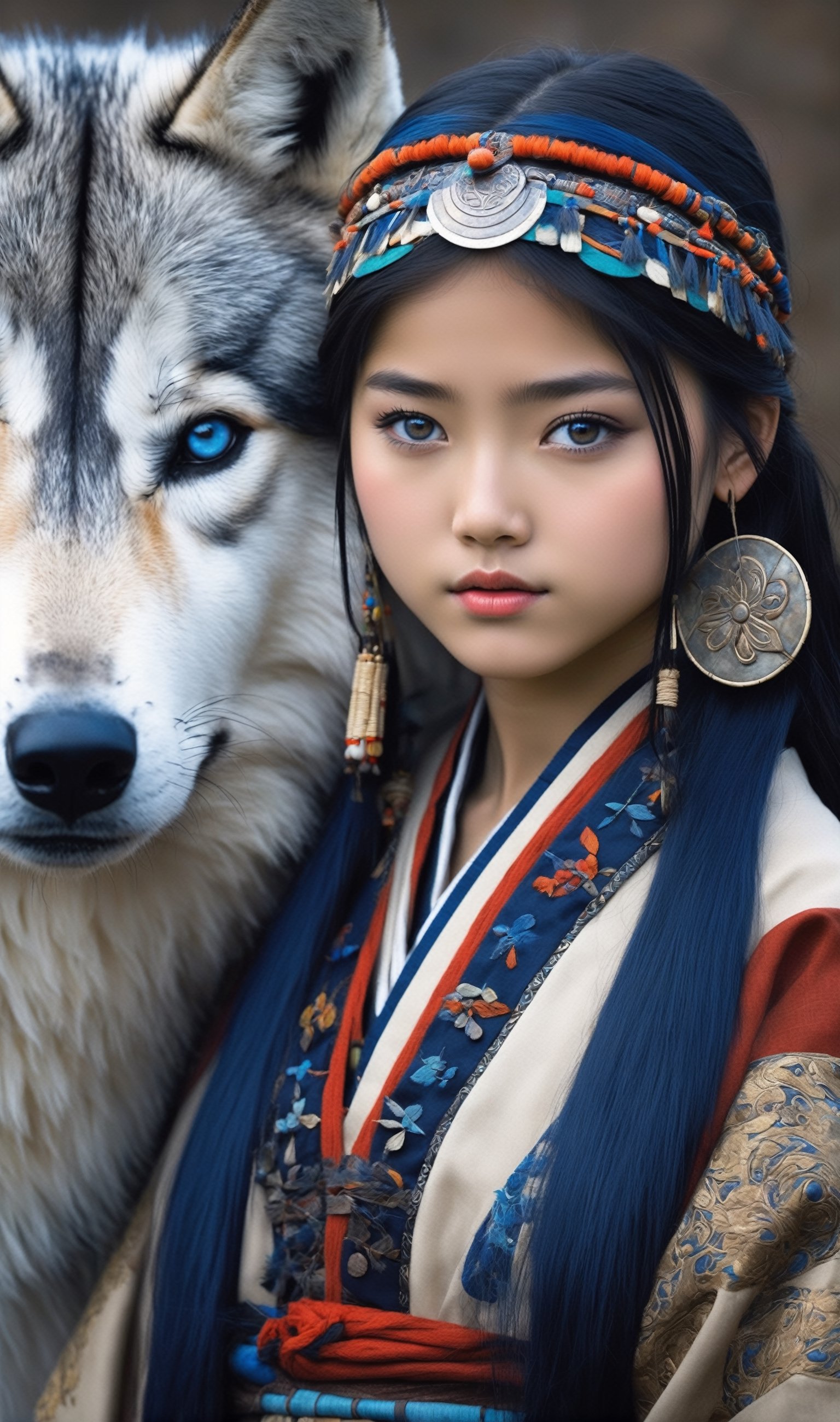 ultra Realistic,photo Real,
Beautiful half poilsh and half Japanese Little Girl,14 years old Girl,
beautiful Face,deep dark blue hair,beautiful Shiny blue Eyes,
artwork depicting a female figure adorned in Ainu ethnic attire, surrounded by elements of Ainu cultural symbolism and natural elements indigenous, standing near White wolf