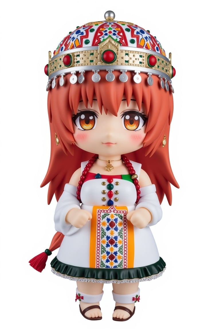 chibi,nendoroid,Moroccan tradition clothe,1girl, a stunning photo with beautiful saturation, ultra high res, best quality, masterpiece), highly detailed, ((full body)),, looking at viewer, knee, warm smile,3D MODEL, full body, chibi,cute, (white pure background), white theme, simple backgroup,Adrr-tsfft,lyh_nendo