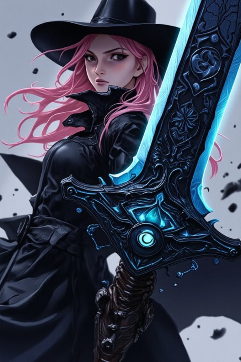 Cool anime character design,Western movie atmosphere,
1 girl,
Beautiful Caucasian woman, with sharp piercing eyes and dark eyeshadow,Long light pink hair flowing from under a stylish cowboy hat. Wearing a sleek black trench coat that billows dramatically. Holding an enormous magical sword with both hands. The sword has a dark blade etched with glowing blue runic symbols. Large, ominous eye embedded in the sword's guard, pulsing with arcane energy. Dynamic pose, ready for battle. Intricate details, high contrast lighting, Anime art style with a touch of realism. 4K resolution, digital painting.",niji6,niji5,Marvel comic style 