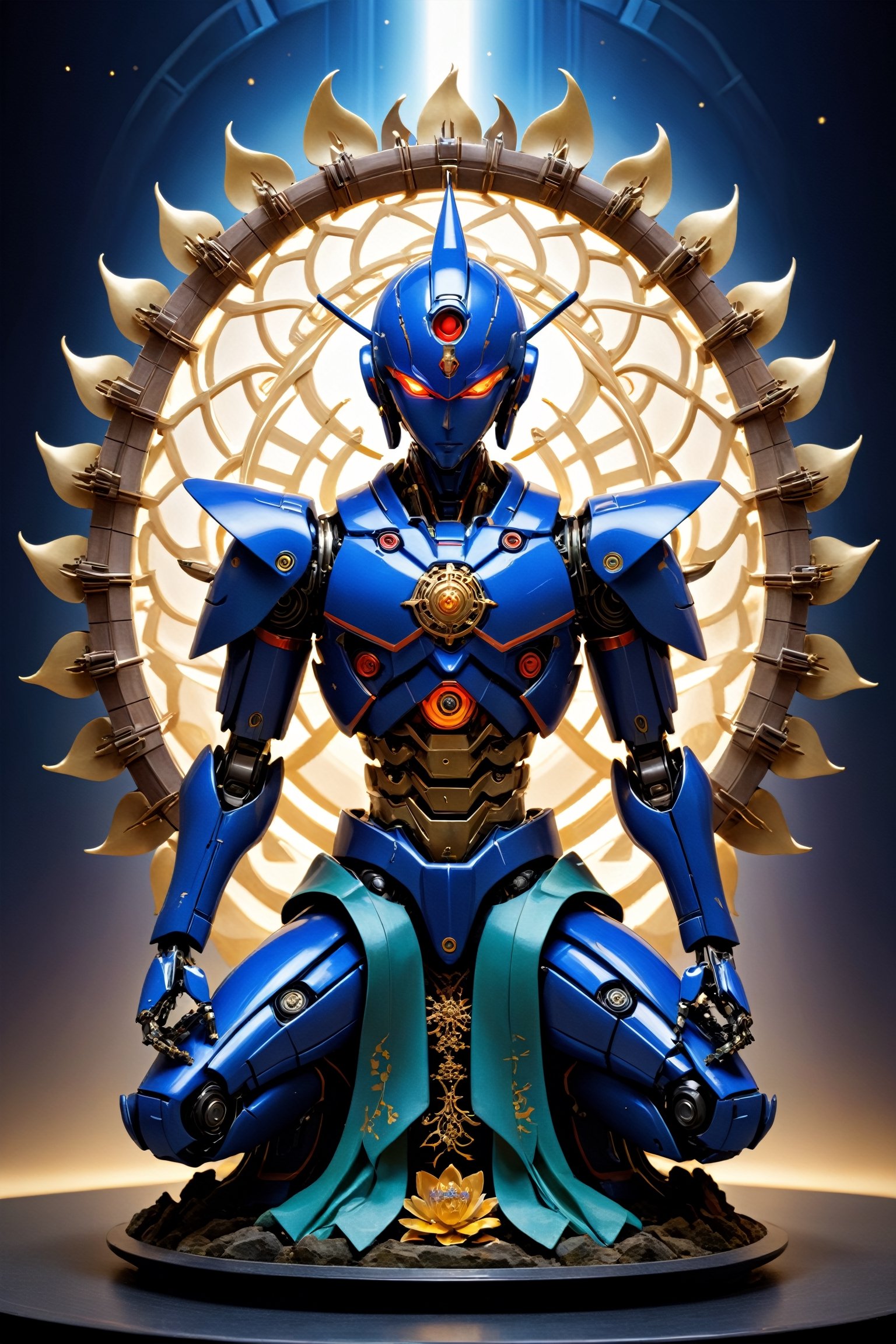 mandala art,depicts a fusion between an Evangelion mech and a Buddha, Emphasize the integration of intricate mecha elements with the serene and divine features of the traditional Buddha figure. Pay attention to details such as robotic components seamlessly blending with the spiritual aspects of the statue. Optimize for a visually striking composition that captures the harmonious coexistence of futuristic mecha aesthetics and timeless religious symbolism."