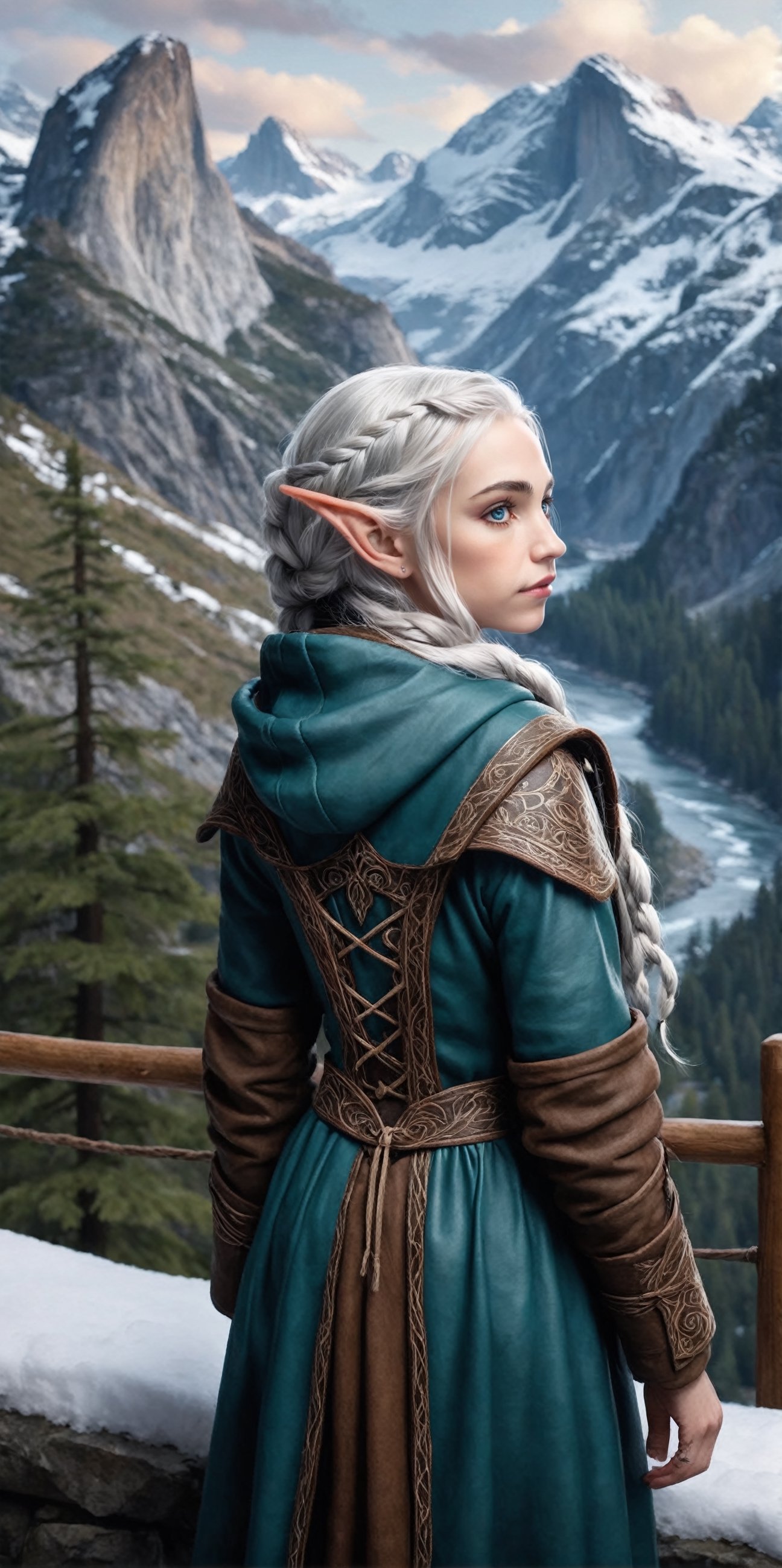 Extreme detailed,ultra Realistic,
beautiful young ELF lady,platinum silver shining hair, long elvish braid, side braid,Beautiful crystal blue eyes,
Wearing leather tunic, hooded cloak, animal fur hood, intricate clothing, animal fur clothing, dark clothing, waistband, scarf, soft smile, bending posture, looking into the distance, 
snowy mountain scenery, overlooking valley, river, white clouds, seen from behind,ol1v1adunne,DonM3lv3sXL,niji6,perfect likeness of TaisaSDXL,y0sem1te
