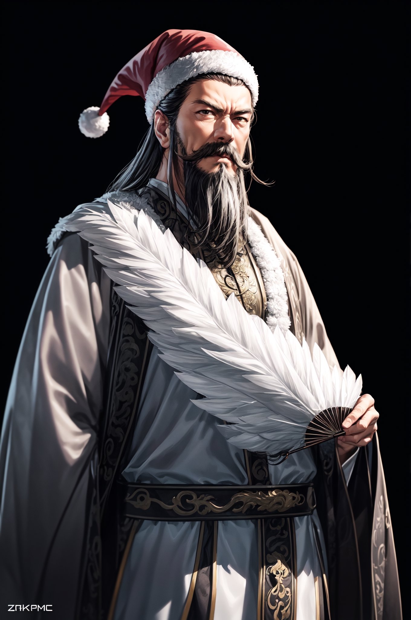 ((20year Man:1.5)), ((1man:1.4)), solid body shape, beautiful shining body,detailed face,moustache,(SantaClauscap,long white fake beard:1.4),
(black eyes),high eyes,
Hanfu,old chinese costumes,A fan made of feathers,
whole body,natural light,random Angle,
((realism:1.2 )), dynamic far view shot,cinematic lighting, perfect composition, by sumic.mic, ultra detailed, official art, masterpiece, (best quality), reflections, extremely detailed cg unity 8k wallpaper, detailed background, masterpiece, best quality , (masterpiece), (best quality:1.4), (ultra highres:1.2), (hyperrealistic:1.4), (photorealistic:1.2), best quality, high quality, highres, detail enhancement,((manga like visual)),
1boy,Zhuge Liang Kongming,