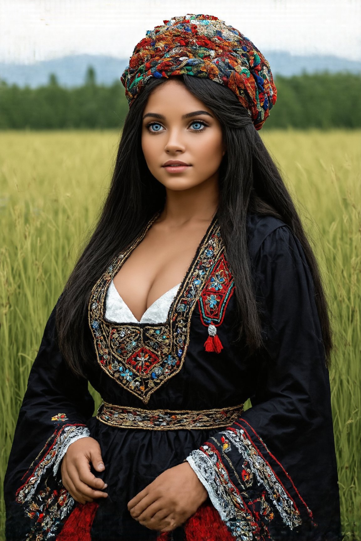 Super detailed, super realistic,beautiful african girl,Curvy body,
She wears old folk costume, long straight black hair,
colorful maria-veil on head,Yakuts folk costume of Siberian minority, beautiful crystal blue eyes, almond eyes, Slouching position, cleavage,intricate textile decorated with colorful and intricate geometric patterns,  decorative embroidery, clothes in earth colors such as black, red and green,beautiful reed meadow landscape,photo realistic,ek_photo_booster