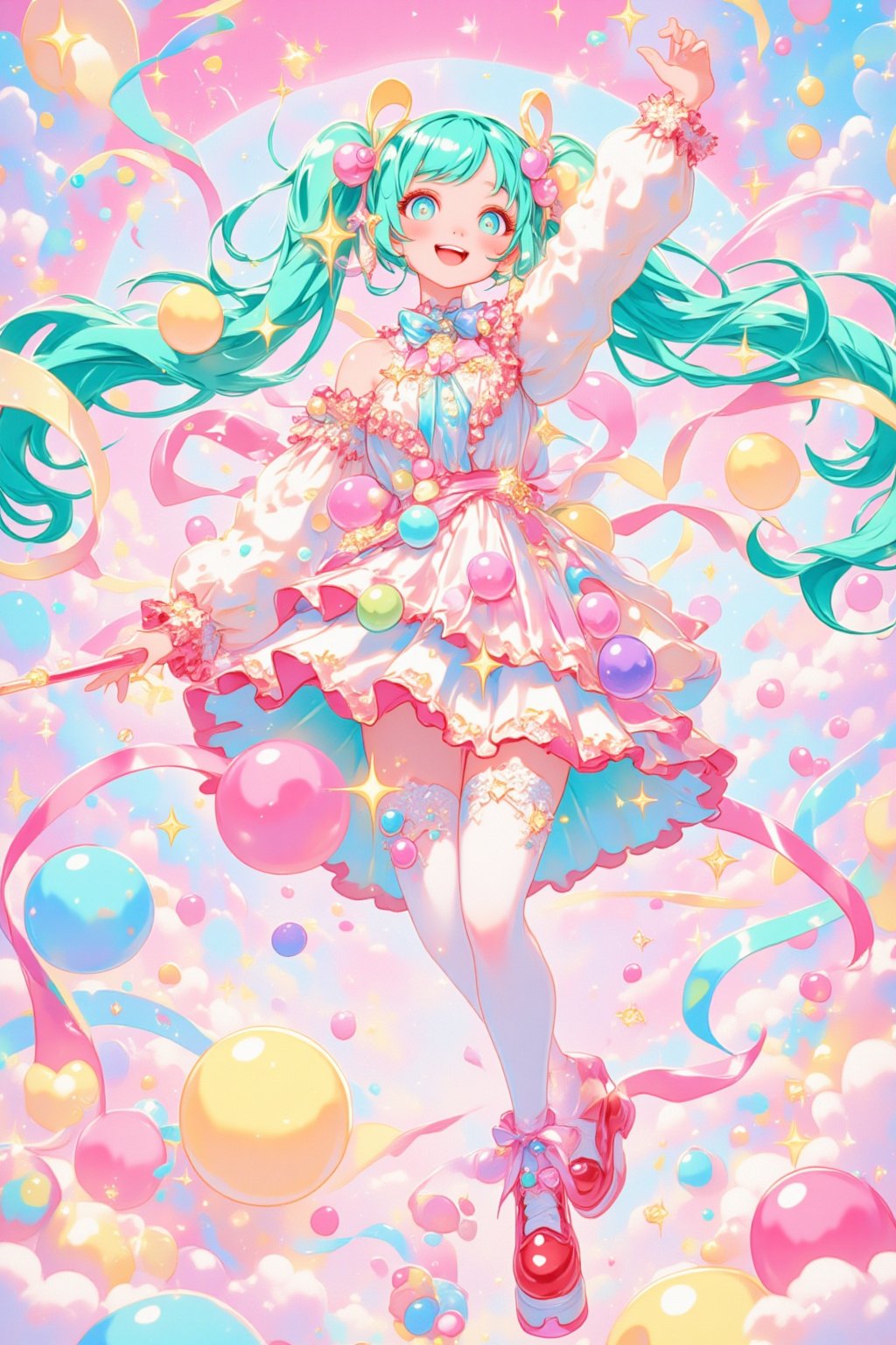 digital art, anime style illustration, cute magical girl, long turquoise twin tails, blue eyes, white and pink frilly dress, red platform shoes, white thigh-high socks, cheerful expression, arm raised in greeting, colorful ribbons floating, pastel color palette, sparkles and stars swirling energy effects, magical wand, heart motifs, fluffy clouds, bubble-like spheres, candy-colored background, soft lighting, cel-shaded, clean linework, vibrant colors, kawaii aesthetic, dynamic composition, 2D style, high detail, fantasy elements, whimsical atmosphere