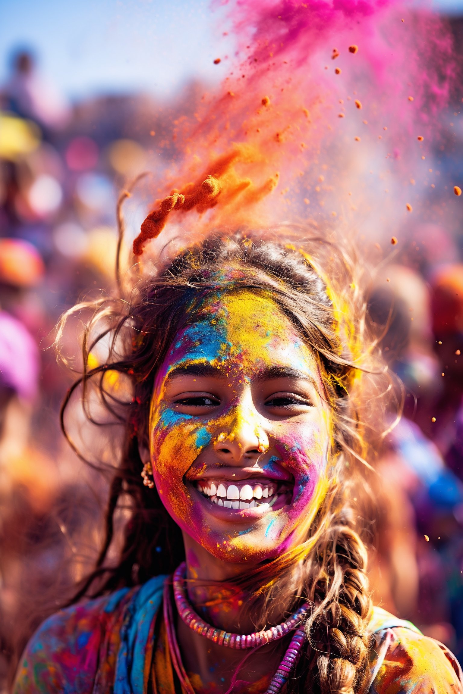  young girl immersed in the joy of the Holi festival in India. Picture her wearing a traditional and brightly colored salwar kameez, her hands and face covered in an array of vibrant powdered pigments. Surround her with the dynamic energy of the festival, showcasing a background filled with people joyfully throwing colorful powders, creating a vivid and playful atmosphere. Optimize for a visually immersive composition that vividly captures the lively spirit and cultural richness of the Holi celebration,Goa