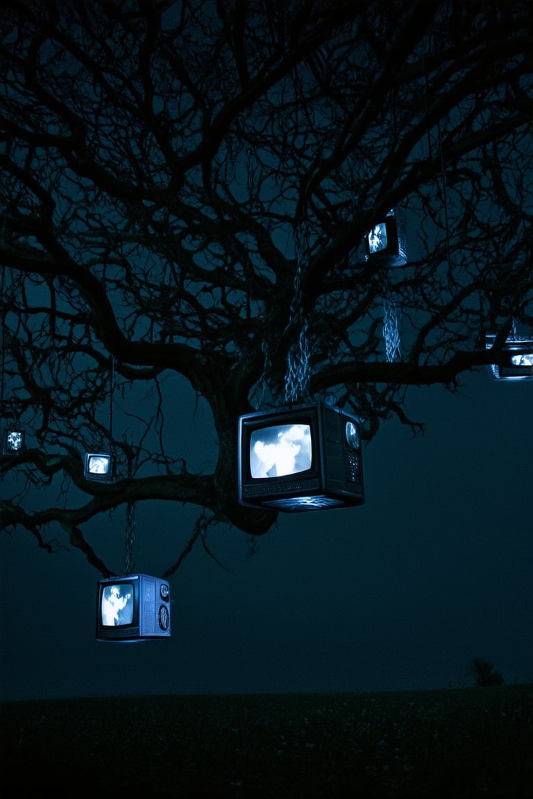 Picture eerie trees adorned with numerous cathode ray tube televisions hanging from their branches like strange fruit. The gnarled limbs of the trees twist and contort, creating a haunting silhouette against the dimly lit sky.Each television emits a faint glow, casting an otherworldly light on the surrounding area. The screens flicker with static and distortion