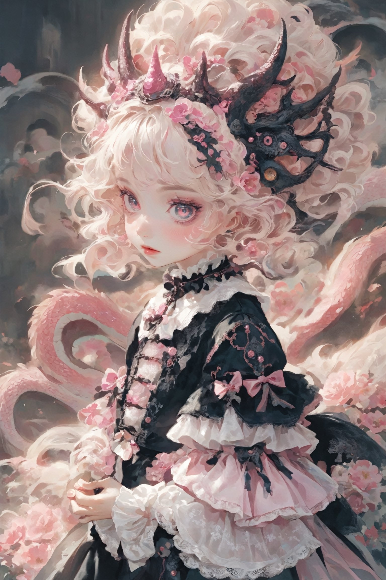 A Gothic Lolita girl with dragon eyes and dragon horns,Depth and Dimension in the Pupils,
gracefully crystalline cheeks, her attire adorned with intricate pink lace and dark, ethereal fabrics,(intricate dragon horns) elegantly complement her elaborate hairstyle, creating a mystical and captivating presence. Her eyes, reminiscent of a dragon's gaze, exude an otherworldly charm, adding a touch of fantasy to the Gothic Lolita aesthetic. The fusion of traditional Lolita elements with dragon-inspired details results in a unique and enchanting character.,dragon-themed,goth person,lolita_fashion