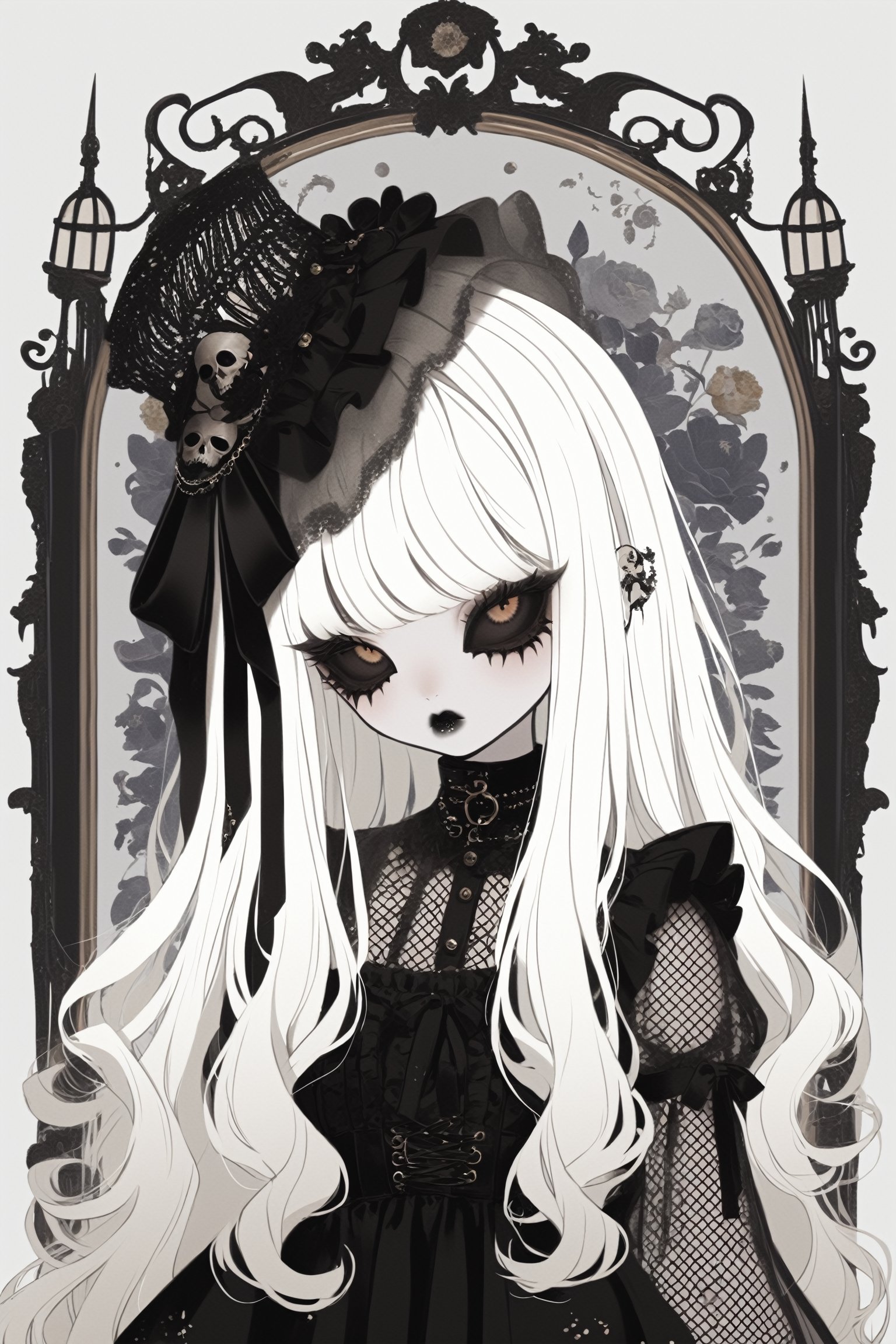 Shoujo manga style,1girl,ultra cute, Harajuku Style grunge fashion with kawaii and Lolita themes, albino demon girl,(pure white 
long hair),(black sclera;1.2),luxury mesh fishnet blouse,dal-1,ct-niji2,black hands,greg rutkowski