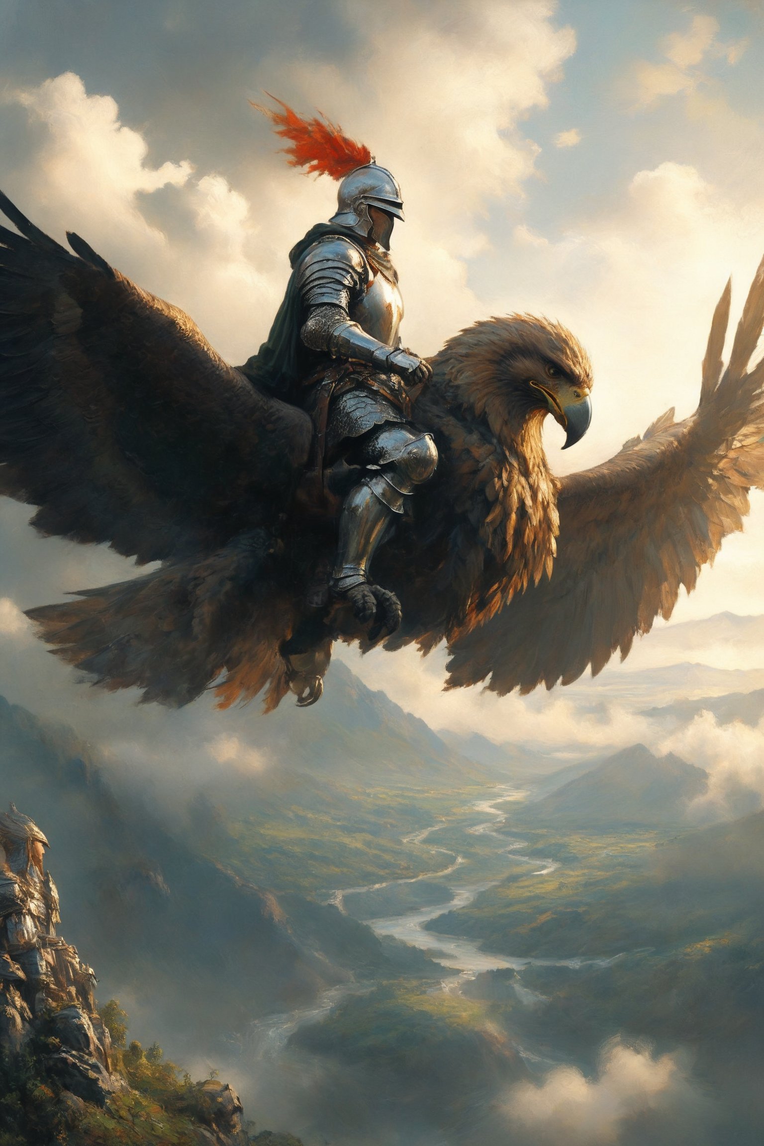 Imagine a knight soaring through the sky on the back of a majestic giant eagle. The knight is clad in shining armor, glinting in the sunlight, with a flowing cape billowing behind. His helmet, adorned with a plume, reveals determined eyes focused on the horizon. The giant eagle's powerful wings beat rhythmically, effortlessly carrying them above the clouds. The scenery below is a patchwork of lush forests, sparkling rivers, and distant mountains. The air is crisp and fresh, and the sense of freedom and adventure is palpable. The knight's grip is firm on the eagle's reins, ready to face any challenge that might arise from the enchanting world below.
