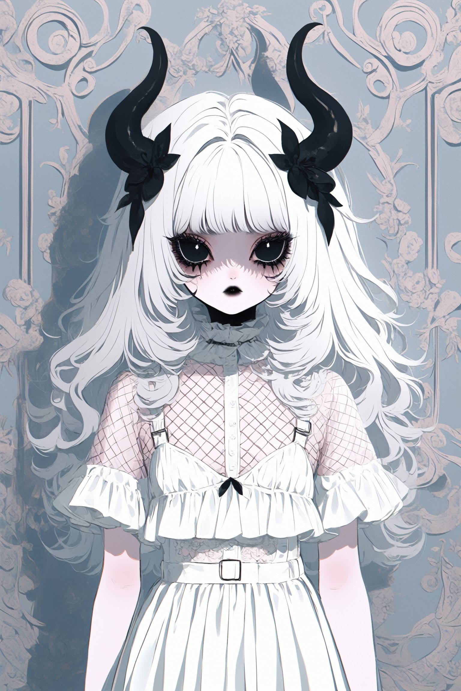 Shoujo manga style,1girl,ultra cute, Harajuku Style grunge fashion with kawaii and Lolita themes, albino demon girl,(pure white 
long hair),(black sclera;1.2),luxury mesh fishnet blouse,dal-1,ct-niji2,black hands,greg rutkowski