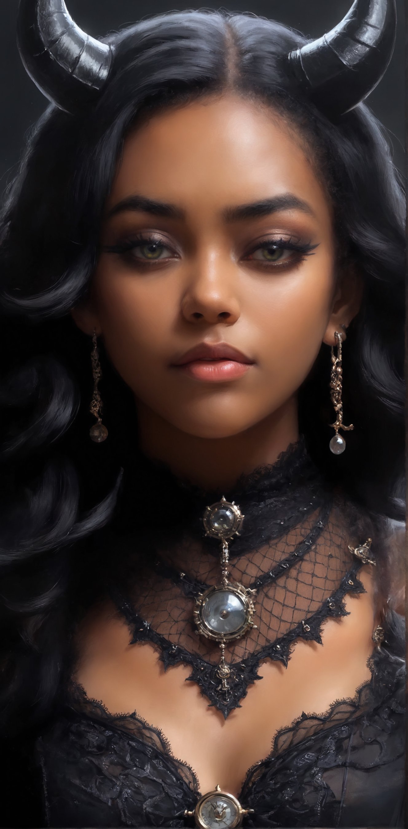 1 girl, (melanism), melanism demon girl,black skin,
,(((pitch black slit pupil eyes)),mesh fishnet blouse, (long intricate horns),Incredibly beautiful looks,
best quality, highest quality, extremely detailed CG unity 8k wallpaper, detailed and intricate, 
,steampunk style,Glass Elements