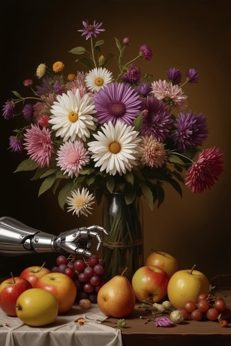 Fantin-Latour style still life painting. Rich, warm tones. Dark background.

Central: Vase with vibrant flowers - asters, chrysanthemums in white, purple, pink.

Foreground: Assorted fruits on tablecloth - grapes, pears, apples.

New element: Sleek, metallic robotic arm reaching from left side. Gently grasping a single flower from the bouquet. Reflective surface contrasts with soft, organic elements.

Lighting: Soft, diffused light emphasizing textures of fruits, flowers, and robotic arm.

Style: Maintain painterly realism of original. Subtle brush strokes visible. Robotic arm painted with same technique, blending seamlessly,

Mood: Juxtaposition of classical beauty and futuristic technology. Sense of gentle intrusion or curiosity from the robotic element,

Color palette: Warm browns, vibrant floral hues, cool metallic tones of the arm.,oil-on-canvas style of classic painting