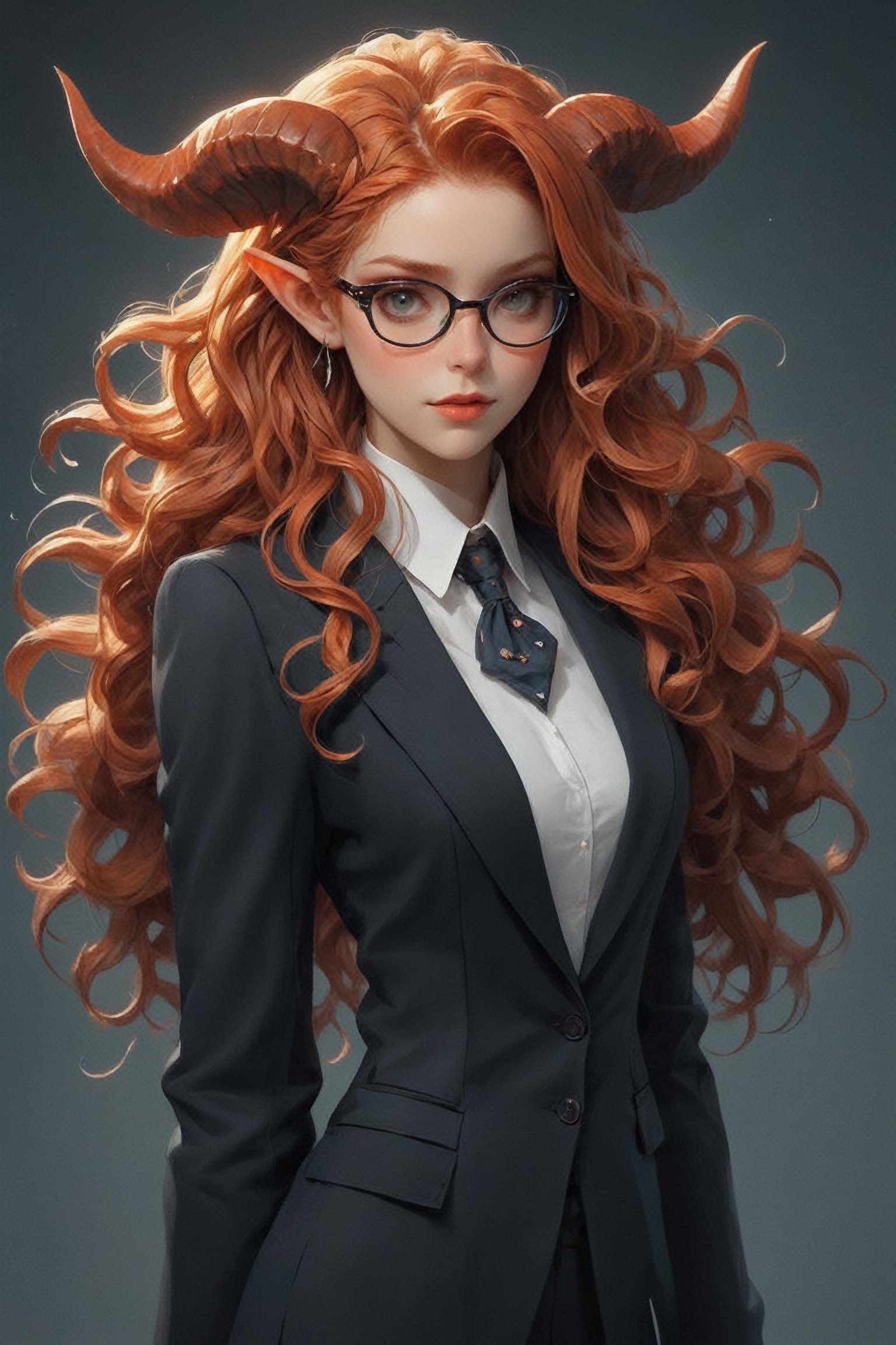 1Little girl, (masterful), albino demon queen, (long intricate horns:1.2),Long red hair,deep cleavage, Girl in a sleek and professional outfit,glasses, embodying the essence of a career woman. She wears a tailored, form-fitting suit in charcoal gray or navy blue, accentuating her slender figure and exuding confidence and authority. Her crisp white blouse adds a touch of elegance, Completing the ensemble are polished heels and subtle yet stylish accessories, such as a sleek briefcase or a statement necklace
,Christmas Fantasy World,ct-niji2