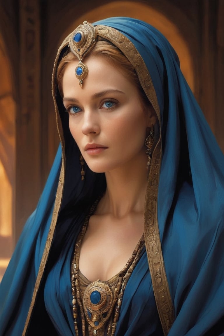 Lady Jessica, a prominent character in "Dune," is depicted as a commanding figure draped in a flowing robe that cascades from her head. Her attire, a symbol of her status and authority, billows around her as she moves, creating an aura of grace and elegance.Her piercing blue eyes, a striking contrast against her dark robes, captivate those who meet her gaze. Behind their beauty lies a depth of wisdom and determination, reflecting her inner strength and resolve.