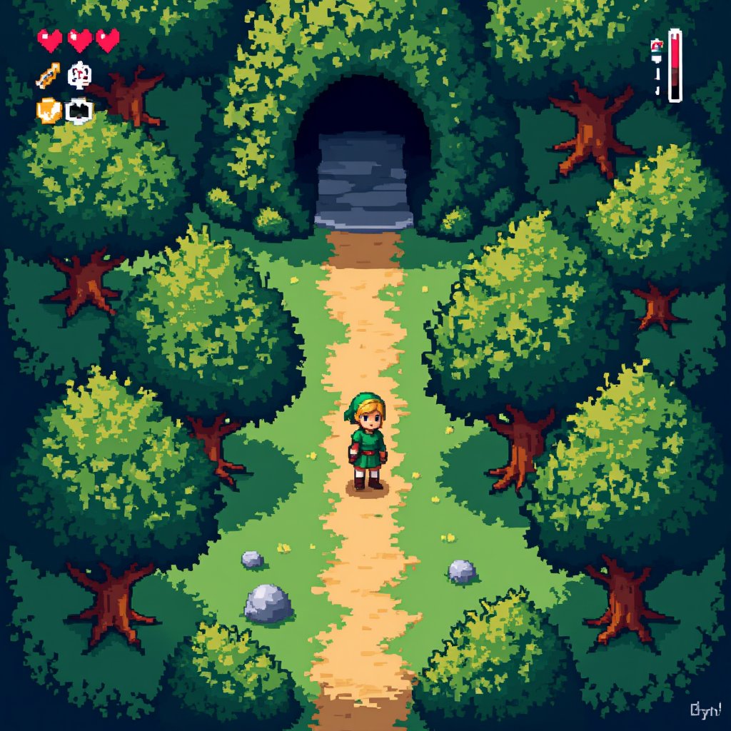 
"A pixelated game screen from the Super Famicom version of The Legend of Zelda: A Link to the Past. The scene shows the iconic top-down view of Link standing in a lush, green forest. He wears his classic green tunic and hat, with a small sword and shield equipped. The environment is richly detailed with pixel art trees, bushes, and rocks. A narrow dirt path winds through the forest, leading to mysterious caves and dungeons. On the HUD at the top of the screen, Link’s health is represented by small red hearts, with his inventory displayed on the right side, showing items like the boomerang, bombs, and magic potions. The game’s vibrant colors and detailed textures bring the fantasy world of Hyrule to life in charming 16-bit style, filled with adventure and mystery,Pixel Art