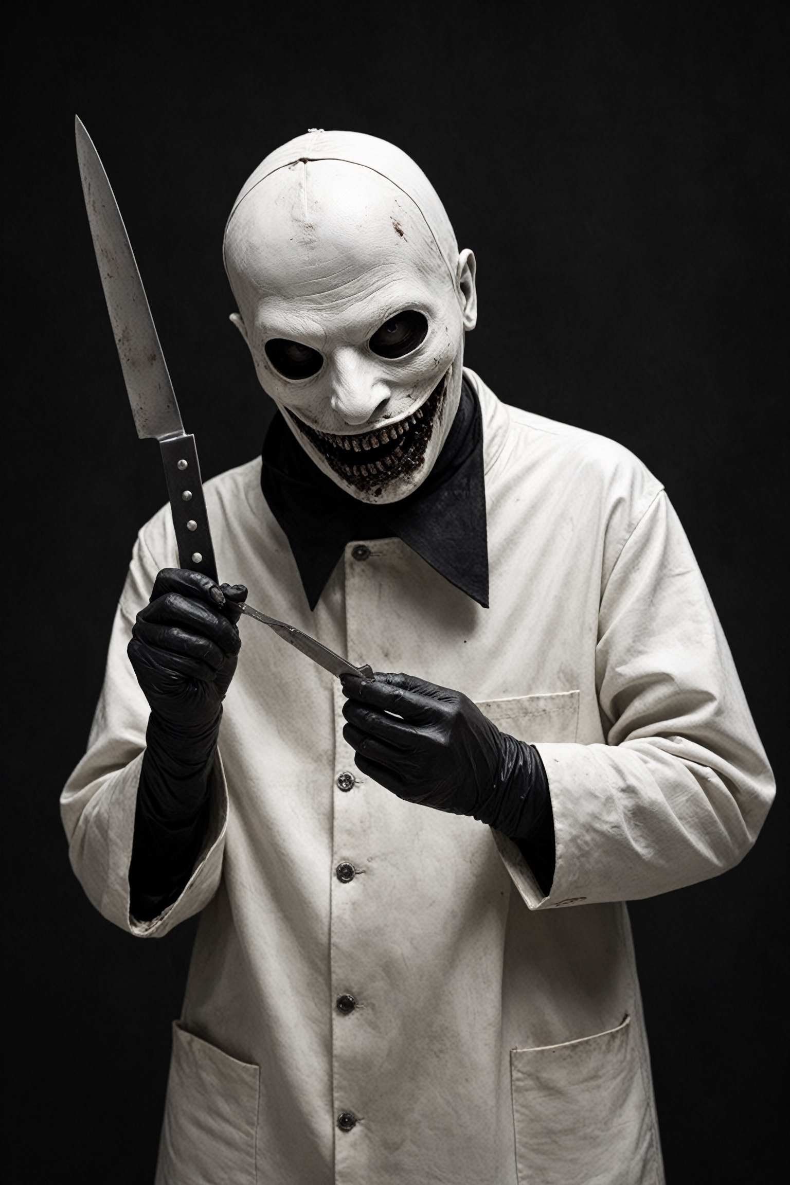 Necrobutcher, presence of fear, butcher of hell, holding a square knife in his hand with an eerie expression on his face, body without skin, protruding eyeballs.An eerie white leather mask covers his mouth.