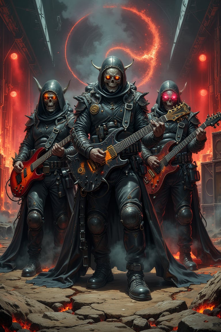 A sinister three-piece black metal band takes to a hellish stage. The musicians wear gothic black space suits with colored visors, intricate silver filigree, spikes, chains, and pentagrams. The suits are riddled with tubes and wires, suggesting life support systems.

Guitarist: A towering figure with a skull visible through a cracked visor. He wields a spiked bat-shaped guitar. The strings glow like lava. His fingers are adorned with sharp claws. Smoke pours from the joints of his suit.

Drummer: Crouched over a massive kit, multiple kick drums arranged like a satanic altar. Cymbals decorated with occult symbols that radiate an unholy light. Drumsticks carved from bone. His helmet has protruding horns and glowing red eyes.

Bassist: A lithe figure holds a bass guitar decorated with a jagged skull. Instruments seem alive with pulsating veins. Suits are covered in writhing tentacles. Visors show a void instead of a face.

The stage is a nightmarish landscape. The floor cracks to reveal magma. Amplifiers and speakers are designed to look like ancient, screaming monoliths. A vortex of souls swirls in the background. Hellish red lighting with green undertones. Smoke machines belch toxic fumes.