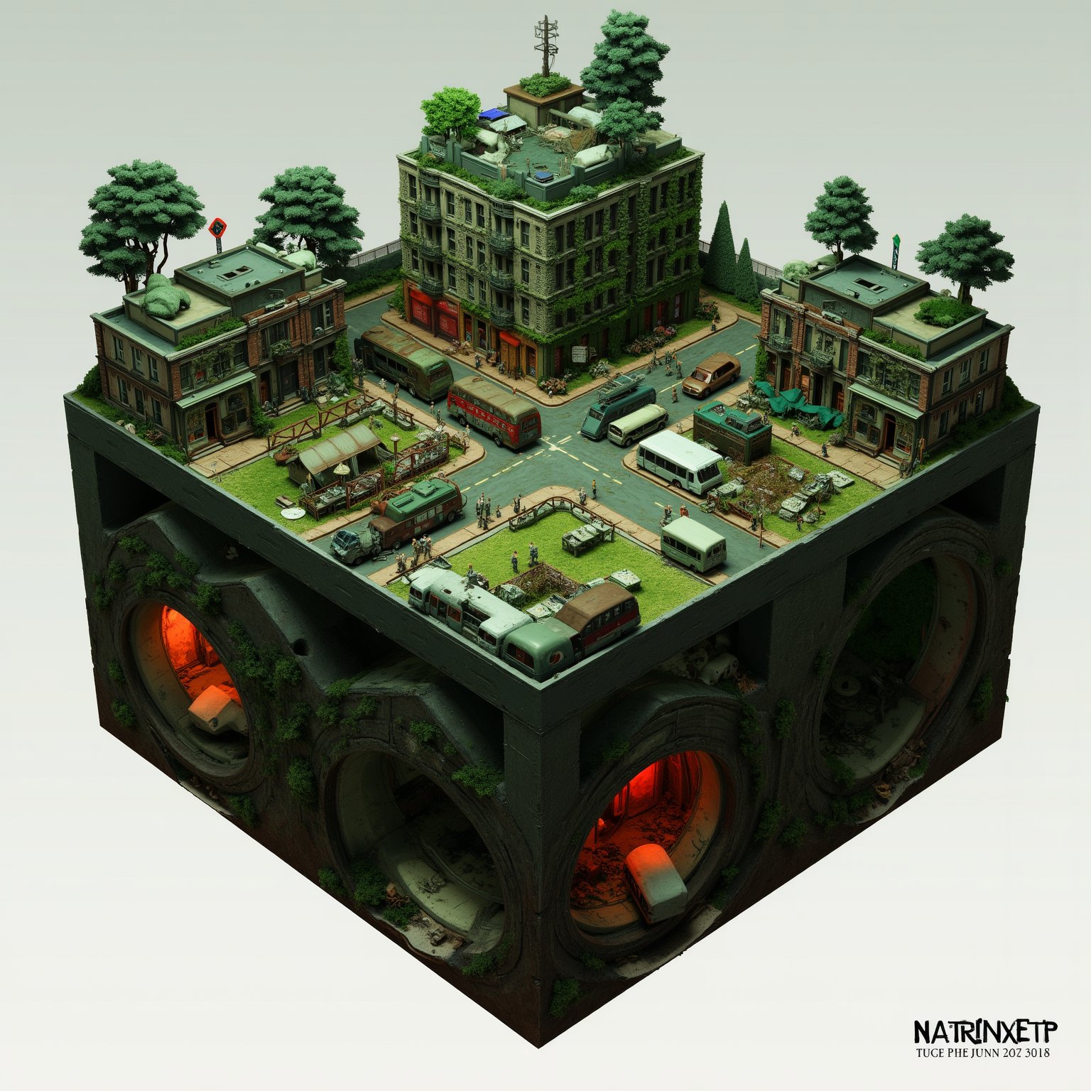 Isometric diorama of post-apocalyptic city, The Last of Us style. Multi-layered 3D cube structure, 30cm wide. Underground sewers with red danger glow. Middle layer: abandoned streets, overturned cars and buses as barricades. Upper level: survivor camp with tents, makeshift gardens. Lush overgrowth, vines covering buildings. Miniature figures of cautious survivors. Detailed graffiti and broken signs. LED lighting effects for underground and night ambiance. Rust and decay textures. Overall green-tinted color scheme. Hyper-detailed, 8K resolution, tilt-shift effect. Photorealistic miniature art style.,noc-isometric