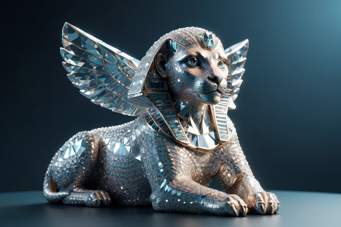 A dazzling egypt Sphinx sculpted,
entirely from diamonds gleams under the radiant light. Each facet of the majestic creature's form sparkles with the brilliance of meticulously arranged diamonds, creating a mesmerizing spectacle. The precision and elegance of the diamond craftsmanship bring the Sphinx to life, casting a celestial glow and adding an opulent touch to this magnificent creation.,diam0nd,glass shiny style