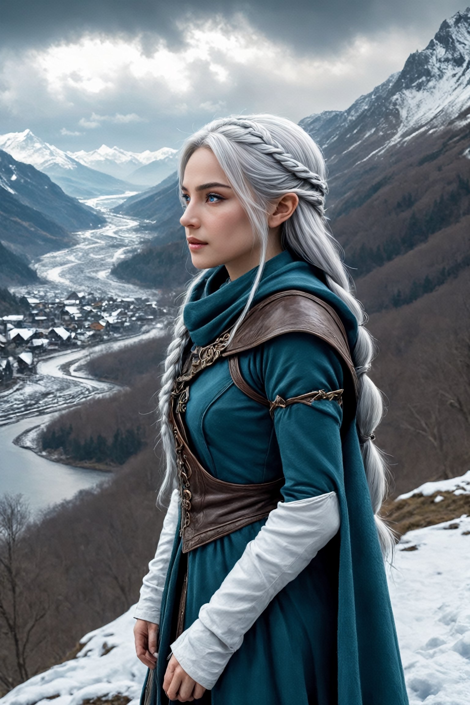 Extreme detailed,ultra Realistic,
beautiful young ELF lady,platinum silver shining hair, long elvish braid, side braid, blue-grey eyes,elf ears,
Wearing leather tunic, hooded cloak, animal fur hood, intricate clothing, animal fur clothing, dark clothing, waistband, scarf, soft smile, bending posture, looking into the distance, 
snowy mountain scenery, overlooking valley, river, white clouds, seen from behind,ol1v1adunne,Eyes