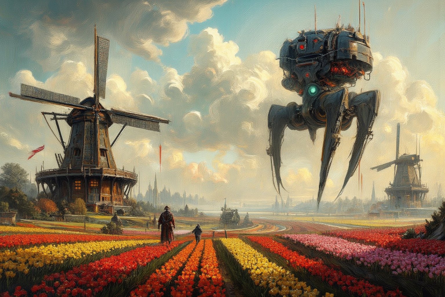 
Oil painting art,19th century Dutch landscape. Foreground: Vibrant tulip fields with rows of red, yellow, pink, and purple flowers. Midground: Typical Dutch windmill, wooden with large blades. Farmers in traditional dress walking through fields. Background: Ominous, gigantic quadrupedal war machines, black and futuristic in design. Sky: Characteristic Dutch low-hanging clouds. Lighting: Soft afternoon sunlight illuminating fields. Brushwork: Impressionistic style. Vivid colors for tulips, detailed windmill, mysterious outlines for machines. Composition: Lower 2/3 tulip fields and windmill, upper 1/3 sky and machines. Atmosphere: Pastoral beauty contrasting with unsettling futuristic presence, creating unique tension,surrealportraits, illustration,complex detail lineart,AbmoilPainting