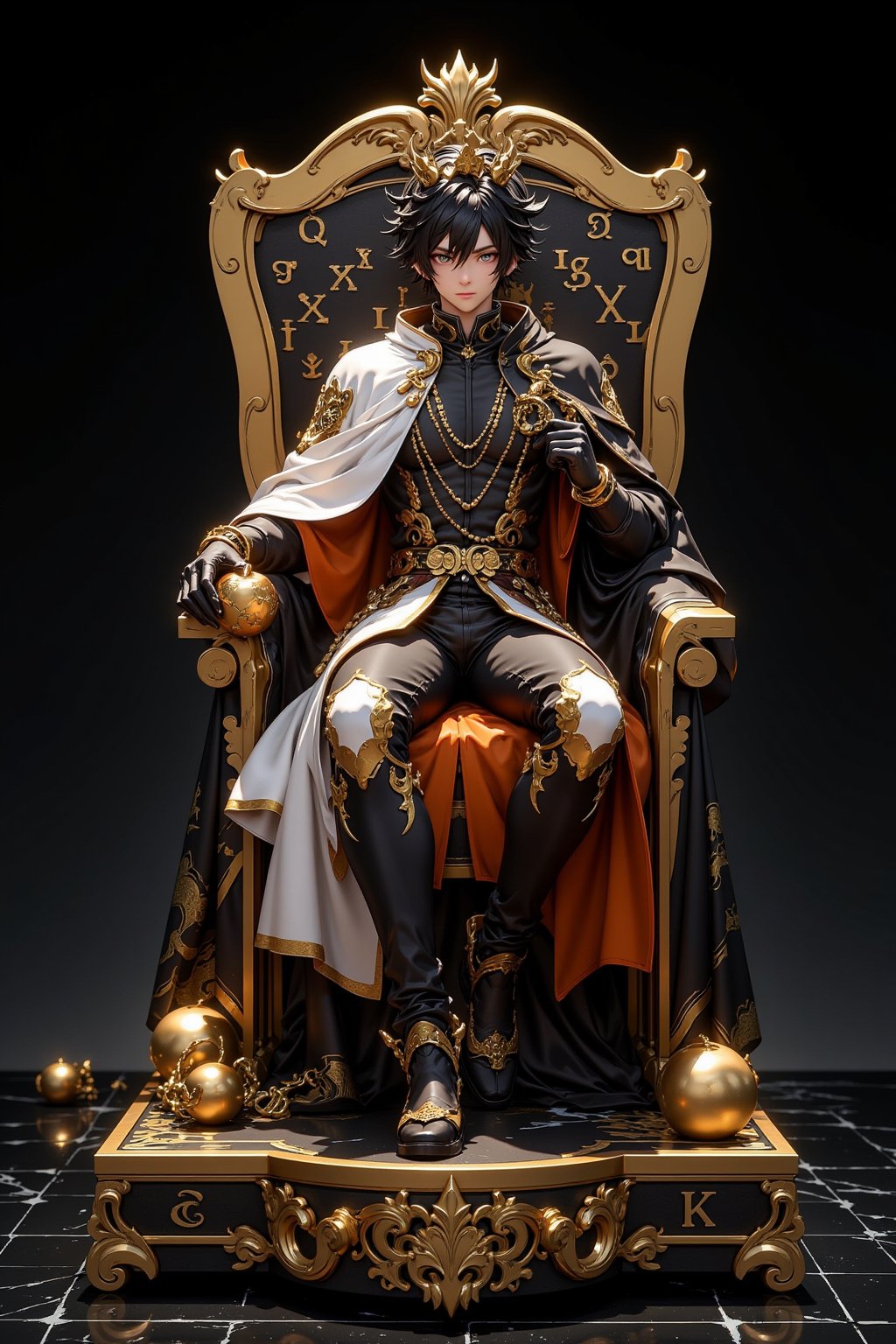 3D, Figure, Highly detailed anime figure, A young male character sits on a giant throne with glittering golden runes. Elegant white and black outfit with golden trim fits snugly to his body. Flowing cape, orange on the inside, dark messy hair, sharp features wearing a small crown. Attractive golden accessories, character lounging casually, holding a golden apple in one hand, figure on a square gold and black pedestal. Ultra-realistic texture, glossy finish. Crisp contrast of black, white and gold elements. Dramatic lighting enhances the 3D effect. Marble-like background. Professional product photography style, slightly angled view. Ultra-high resolution, cinematic color grading highlighting the gold and black colors. The scale figure is approximately 1/7 and highlights the exquisite craftsmanship.