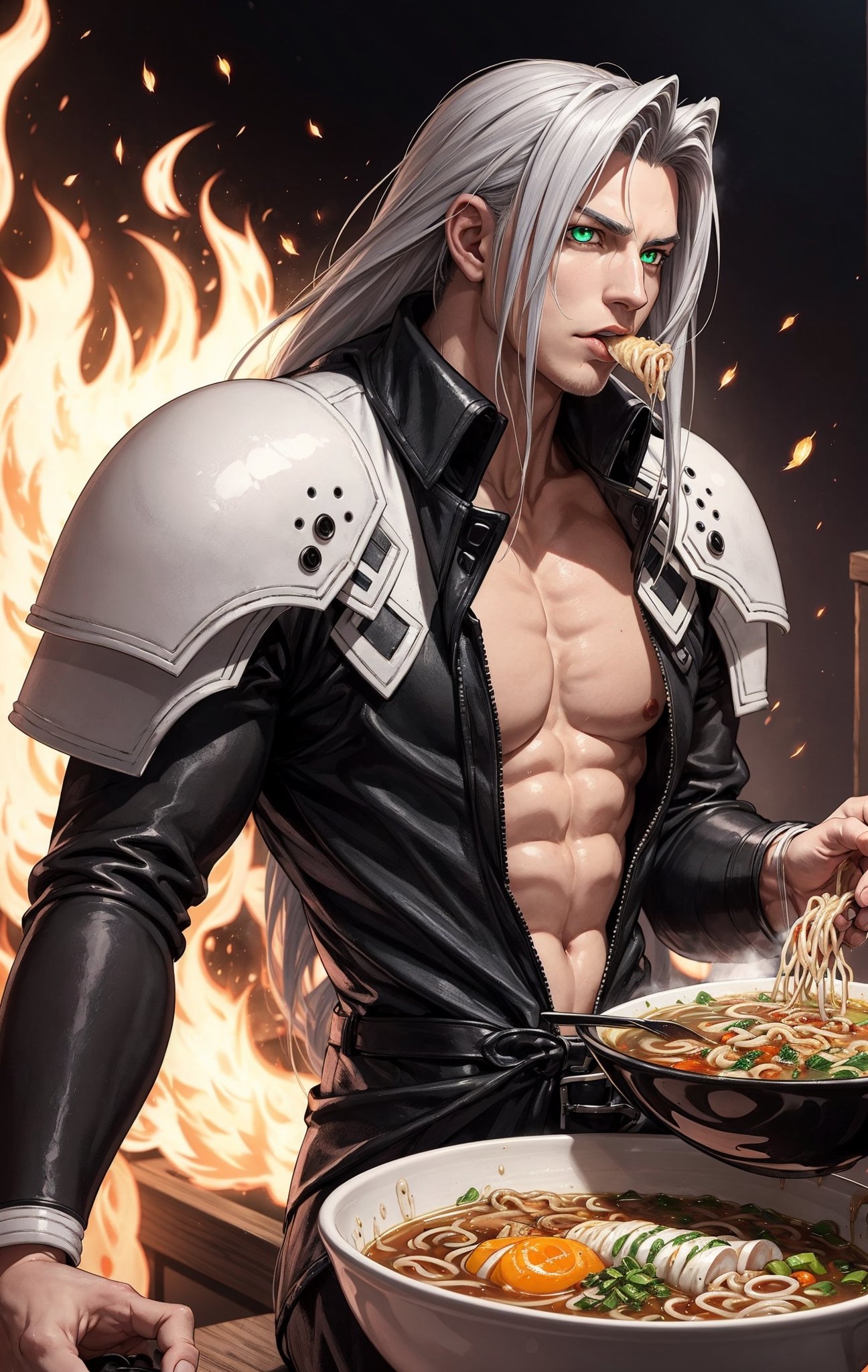 Sephiroth (Final Fantasy),single white wing,one winged angel wing,green glowing eyes,arrogant,manly,confident,eating ramen,dramatic,fire,