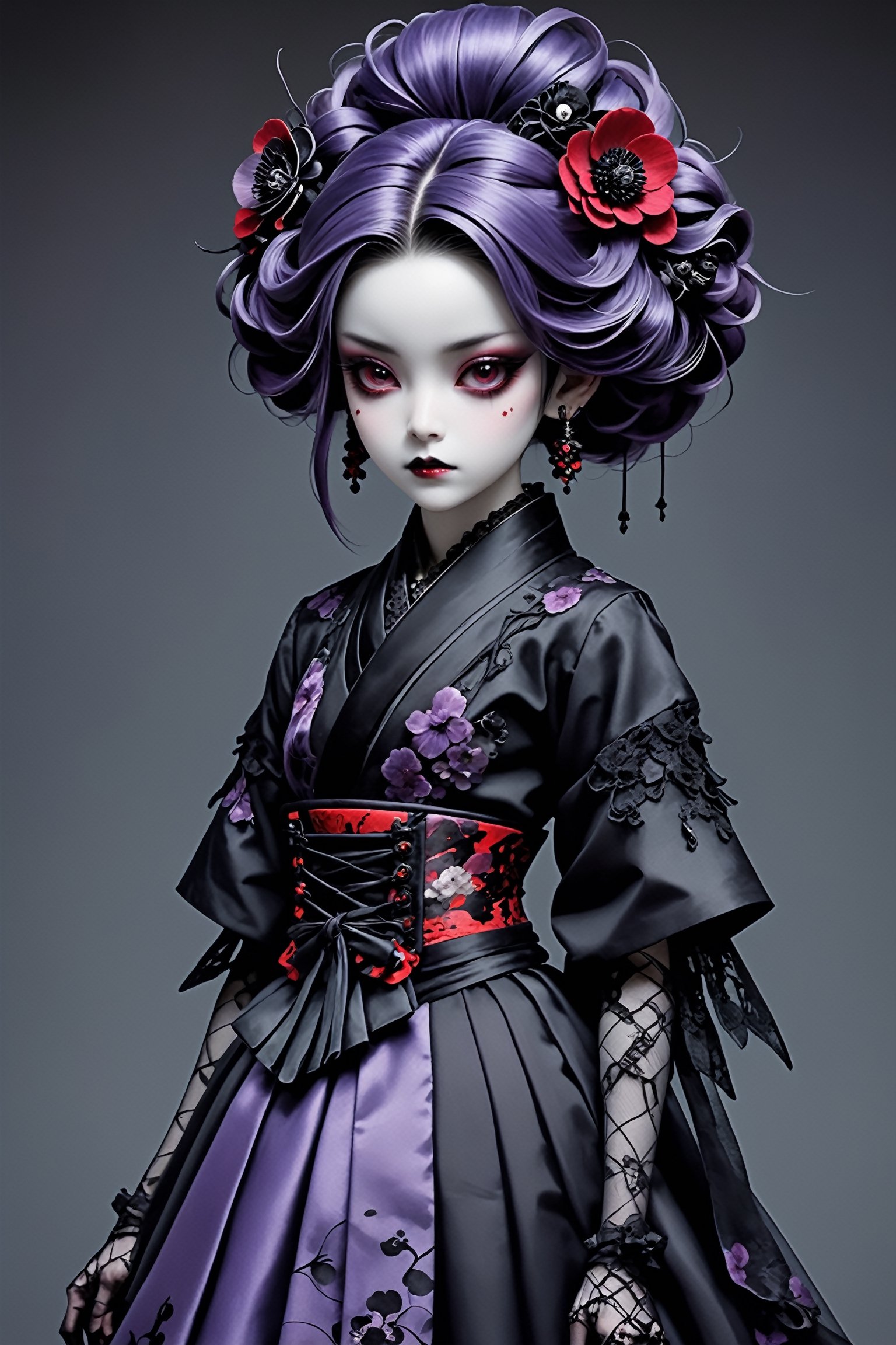 (Master),((ballet dancer)),((full body)),
A fusion of traditional Japanese aesthetics and Gothic Lolita fashion, where elegant kimono silhouettes intertwine with the dark allure of Gothic elements, elaborate kimonos trimmed with lace, in deep, rich colors, with gorgeous obis and corseted bodices. Intricate hair ornaments fuse traditional knob kanzashi with gothic motifs, deep purple, black, and blood red tones, and delicate fabrics,DonM1i1McQu1r3XL,nocturne,ct-niji2,gothic people