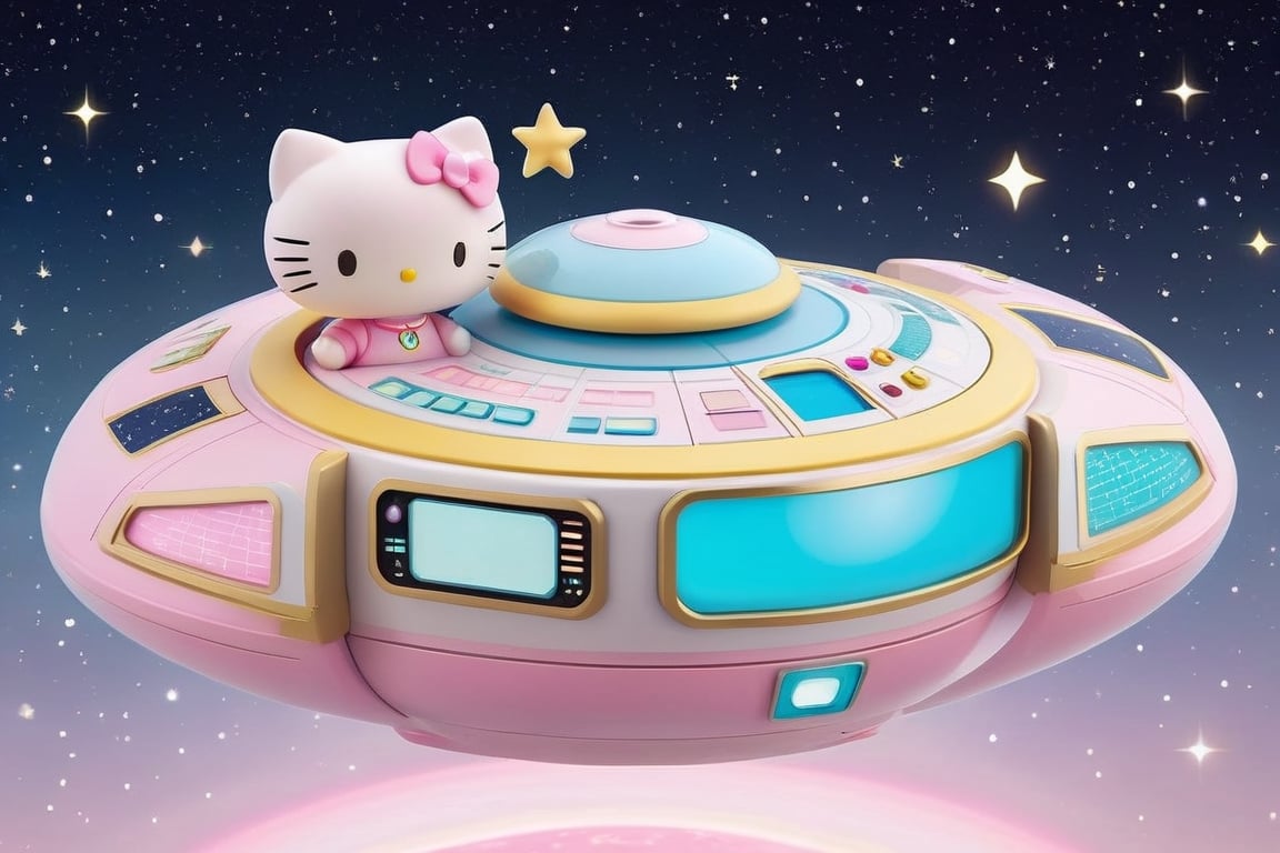 A Sanrio-inspired design of the Starship Enterprise, featuring Hello Kitty as the captain and other beloved characters taking on iconic roles. The ship is adorned with pastel-colored accents, cute character decals, and a playful warp drive. The control panels are transformed into adorable consoles, and the communicator badge is replaced with a charming Hello Kitty emblem. This fusion of sci-fi and kawaii creates a whimsical and delightful Star Trek adventure in the Sanrio universe,kawaiitech,Starship