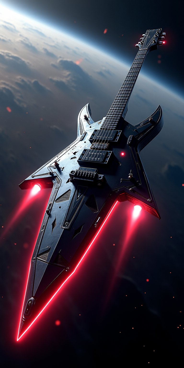 A colossal spaceship shaped like a Flying V electric guitar, rocketing through space at near-light speed, The ship's body gleams with polished chrome and black metal. Red-hot energy pulses along the fretboard, resembling laser strings,The headstock houses the bridge, massive warp drive engines glowing intense blue