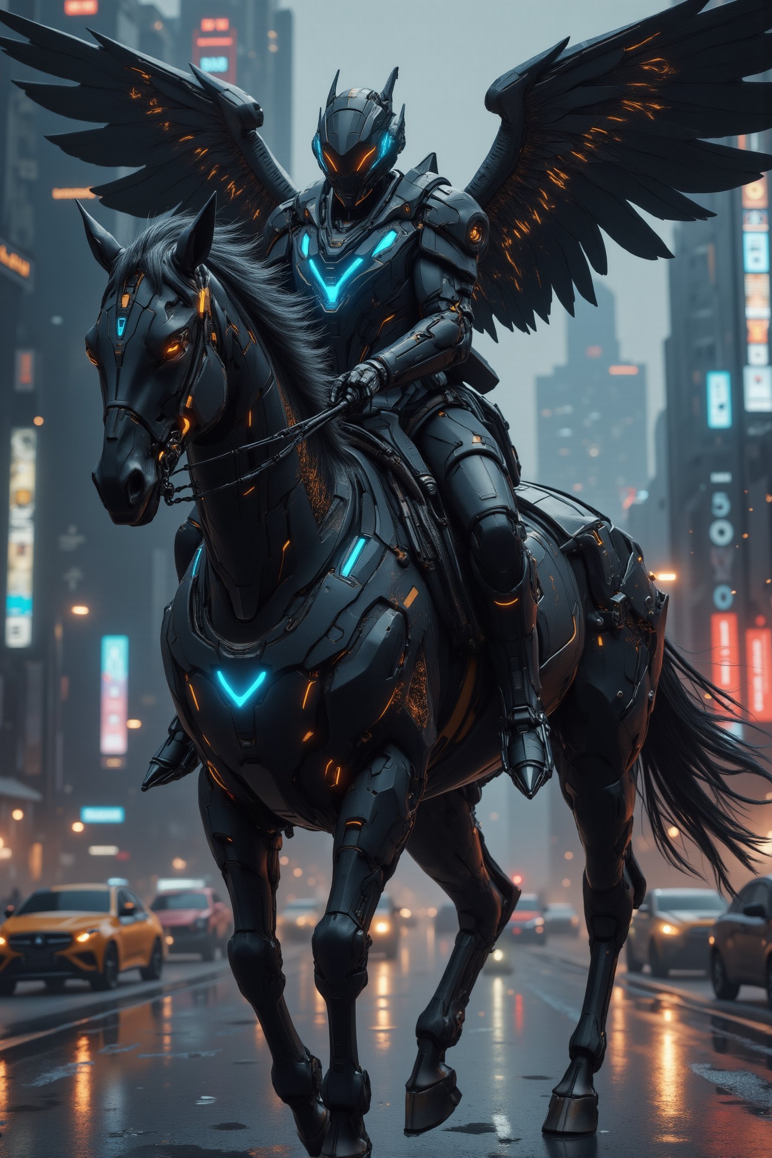 Cyberpunk-style knight on a cyborg horse, digital art. Sleek black cyber-suit with glowing neon blue accents. Imposing black helmet with tinted visor, displaying holographic HUD. Mechanical wings on the back, folded, made of black carbon fiber with exposed circuitry. The cyborg horse is a fusion of organic and mechanical parts, with visible hydraulics and armor plating. Neon lights trace the horse's muscular structure. The knight wields an energy lance, crackling with electricity. Urban night backdrop with towering skyscrapers and flying vehicles. Rain-slicked streets reflect neon signs. Atmosphere is gritty and high-tech. Hyperdetailed textures on the armor and horse's cybernetic parts. Color palette dominated by blacks, silvers, and electric blues. Dynamic pose, suggesting movement and power. Lighting emphasizes the contrast between shadow and neon glow.,Angelic Knight,F-GVA Armour Suit,real robot