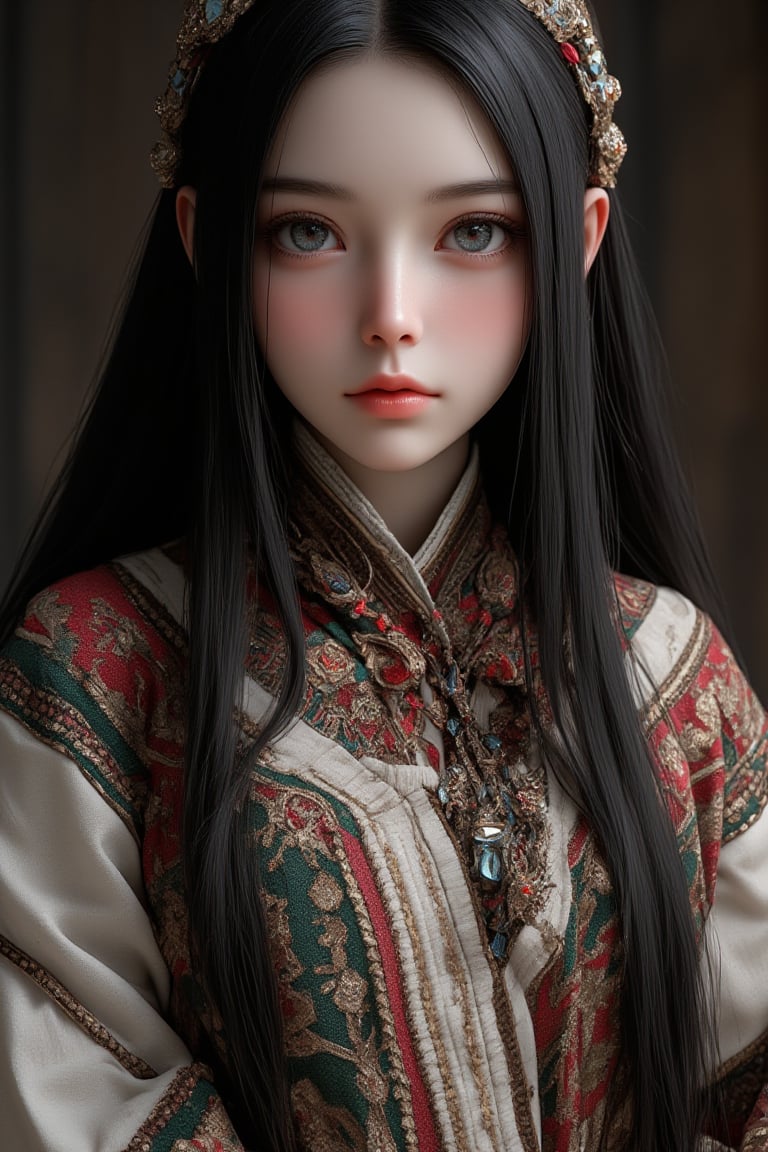 Super detailed, super realistic, beastly,beautiful Nordic girl,
 wears old folk costume, long straight black hair, Yakuts folk costume,(beautiful blue eyes), almond eyes, intricate textile decorated with colorful and intricate geometric patterns, arm ornamentation, decorative embroidery.
Beautiful crystal blue eyes, almond eyes, intricate fabrics decorated with colorful and intricate geometric patterns, clothes in earth colors such as White red and green,,aw0k euphoric style, ,perfect likeness of TaisaSDXL,dal,ct-identityV2