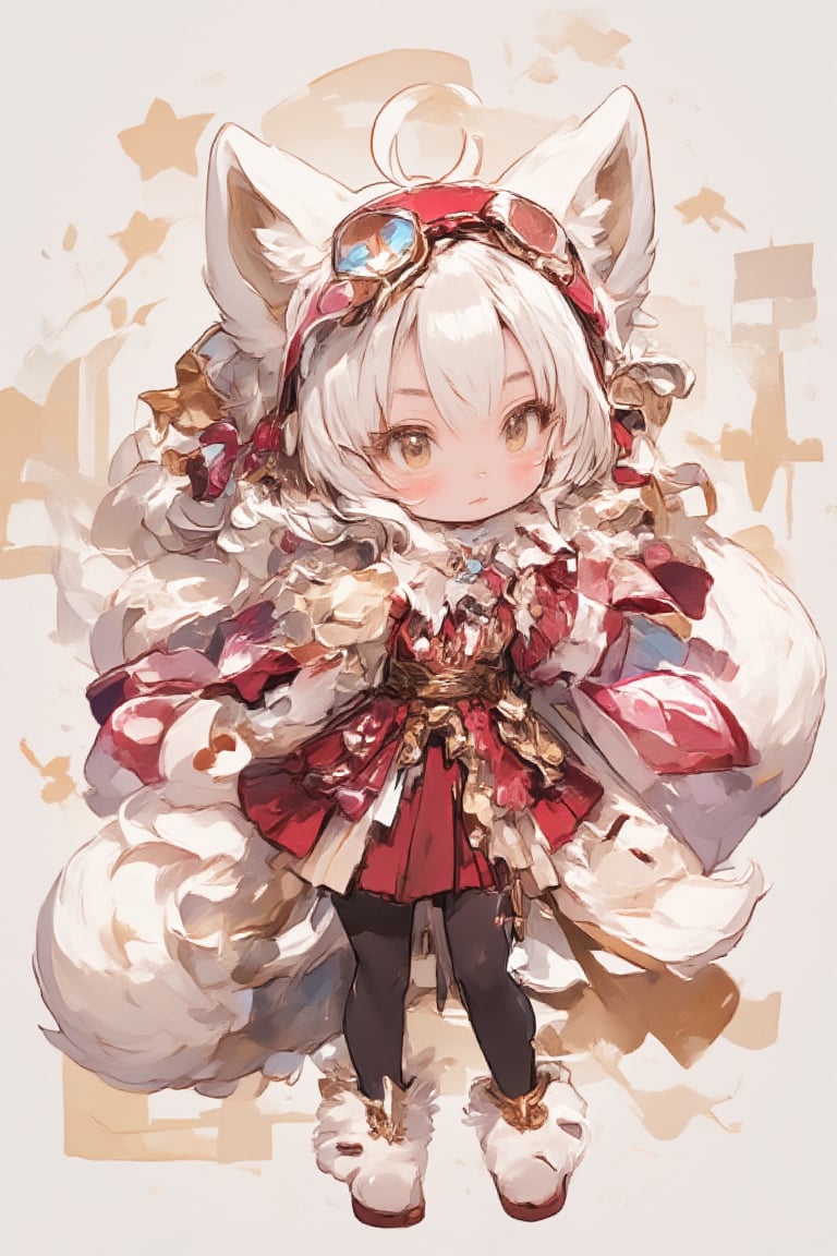 Cute anime-style kemono character, young girl with animal features. White fluffy fox ears and tail. Long silver-white hair, Large golden eyes with a curious expression. Wearing a red and pink outfit with frilly details. Red headband with goggles, Furry paw hands.,Chibi proportions with a large head and small body. Soft, pastel color palette. Slight blush on cheeks.looking slightly to the side, Kawaii style, highly detailed, digital art,Made in abyss manga,Chibi-chan