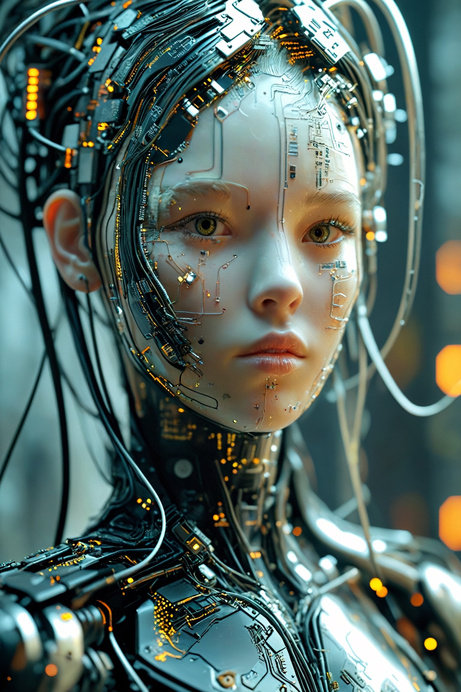 Impressive cyberpunk style art, albino female neuromancer, long hair composed of cables, many wires coming out of her head, high-tech jacket composed of circuit boards, metal parts, prosthetic hands made of high-tech materials
A breathtaking masterpiece, Cyborg,circuitboard,ktrmkp