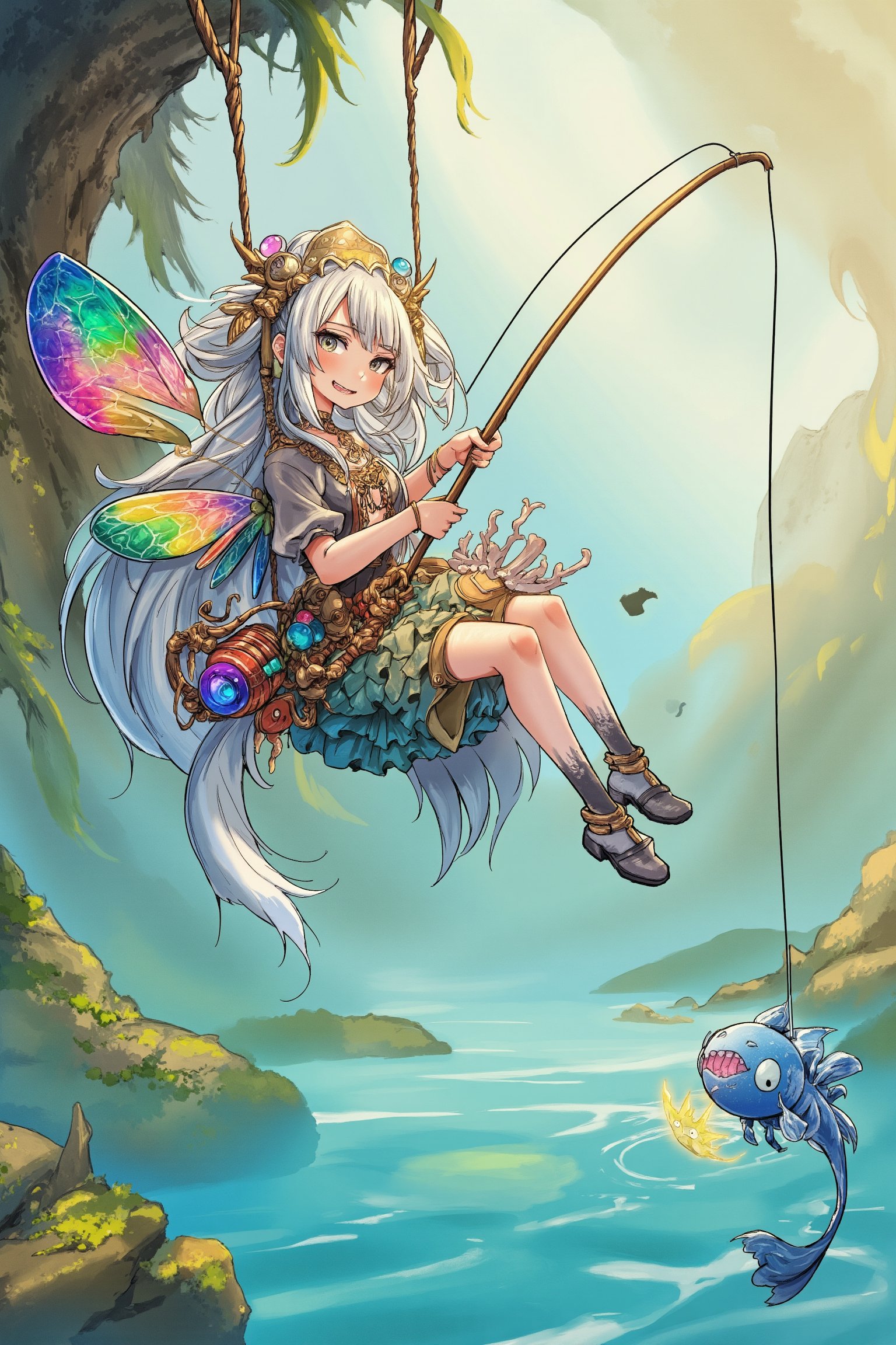 A whimsical fairy creature with long, flowing hair and colorful, wing-like appendages sits on a swinging rope, holding a fishing pole and reeling in a playful, magical-looking fish. The fairy's expression is one of delight and wonder, as if they are engaged in a joyful, carefree activity. The scene is set against a vibrant, fantastical background with swirling water, floating foliage, and a sense of enchantment.

The illustration features a highly detailed, imaginative character design with intricate textures, patterns, and colors. The fairy's clothing and accessories are a blend of natural and fantastical elements, creating a unique and captivating visual style. The fishing pole, line, and the fish itself also have a touch of the surreal, adding to the overall sense of whimsy and magic.

The composition is dynamic, with the fairy's pose and the swinging rope adding a sense of movement and energy to the scene. The use of soft, pastel-like hues and the overall dreamlike quality give the illustration a charming, storybook-like aesthetic that would appeal to a wide range of audiences.,Made in abyss manga