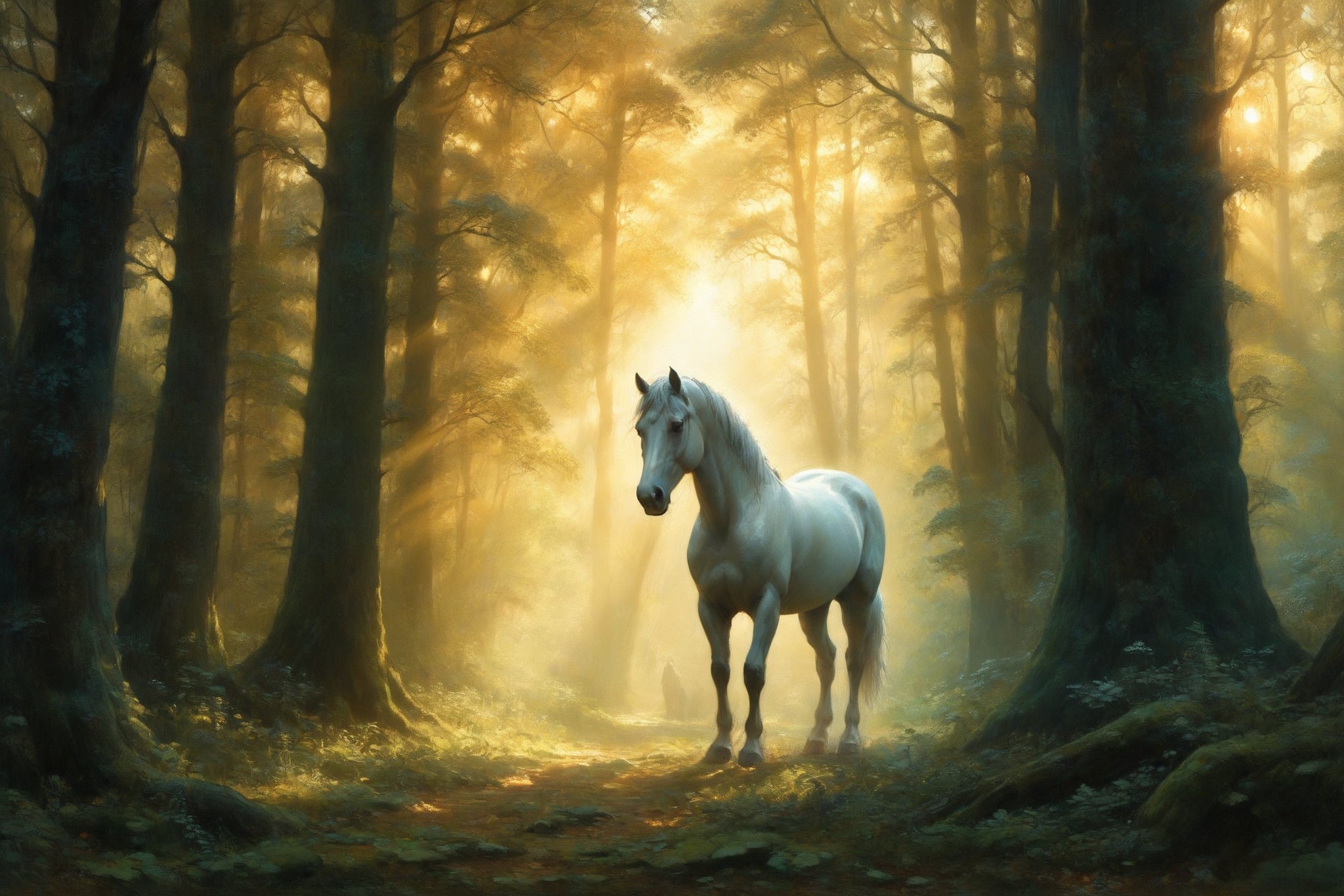 Sleipnir, the mythical eight-legged horse, standing majestically in an enchanting, sunlit magical forest. The forest is lush and vibrant, with towering trees whose leaves shimmer in various shades of green and gold. Beams of sunlight pierce through the canopy, casting a warm, ethereal glow on the forest floor. Sleipnir's coat gleams with a silvery hue, each of its eight powerful legs poised gracefully. Its eyes, deep and intelligent, reflect the magic of the forest. Surrounding Sleipnir are delicate, sparkling particles of light, adding an air of mystery and enchantment to the scene. The atmosphere is serene and mystical, with a sense of ancient power and beauty enveloping the majestic creature.
