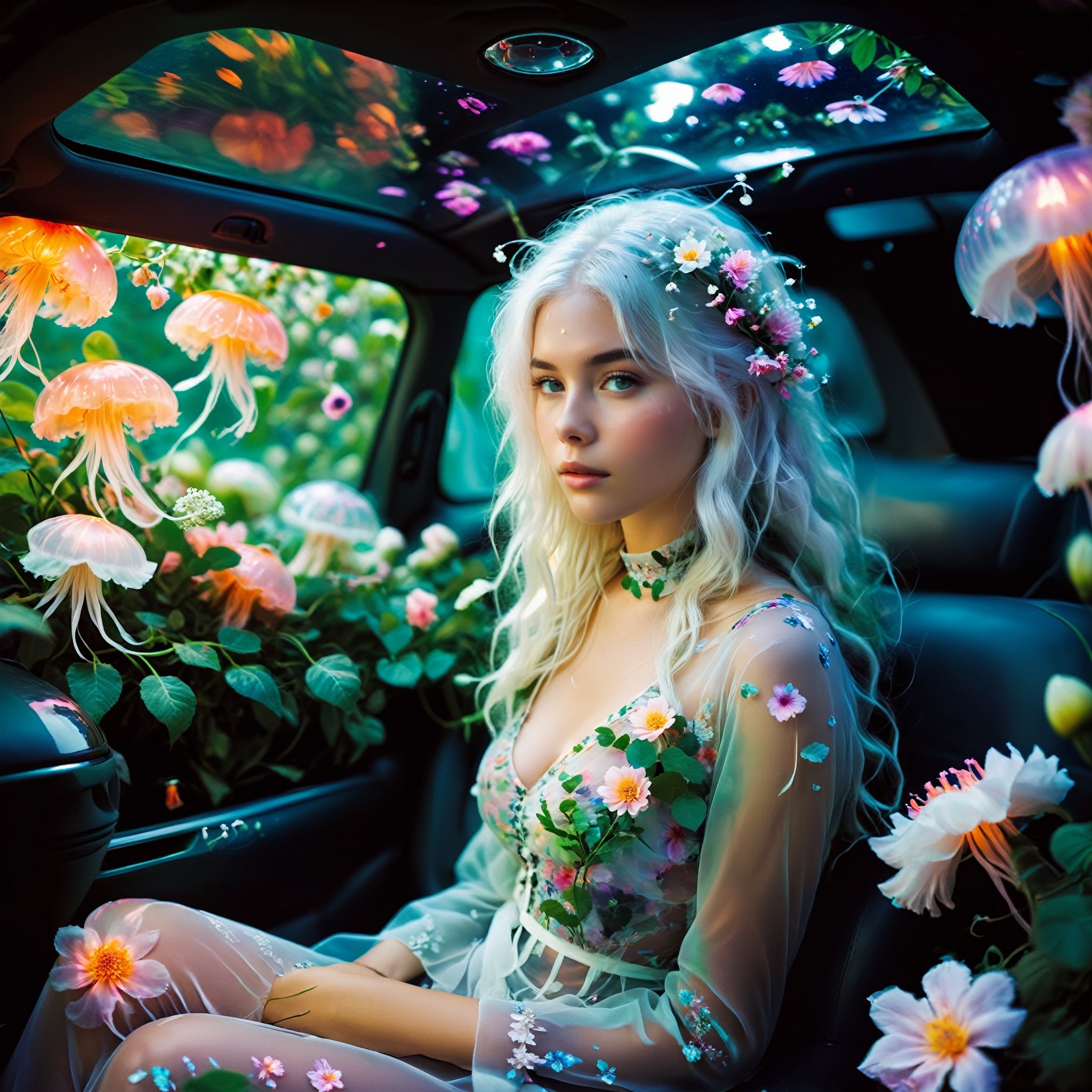 (Nordic girl),Aesthetic photography, high gamma, depth of field, girl white hair,sitting in car filled withflowers,photo naturalistic poses, 
wearing Luminescent Clothing,
vacation dadcore, a coolexpression, body extensions, jellyfish in car, analog film, super detail, dreamy lofiphotography, colourful, covered in flowers andvines, Inside view,FlowerStyle,r,hhc,interior,real_booster,aesthetic,Beautiful girl ,LuminescentCL,Jellyfish 