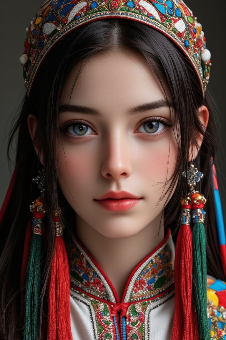 Super detailed, super realistic, beastly,beautiful Nordic girl,
 wears old folk costume, long straight black hair, Yakuts folk costume,(beautiful blue eyes), almond eyes, intricate textile decorated with colorful and intricate geometric patterns, arm ornamentation, decorative embroidery.
Beautiful crystal blue eyes, almond eyes, intricate fabrics decorated with colorful and intricate geometric patterns, clothes in earth colors such as White red and green,,aw0k euphoric style, ,perfect likeness of TaisaSDXL,dal,ct-identityV2,Adrr-tsfft,beauy_ks01