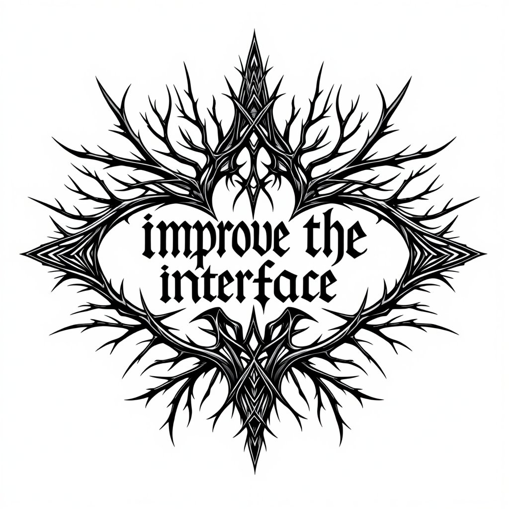 Dark, intricate black metal band logo style design. Text reads "improve the interface". Extremely illegible and creepy typography. Intertwined thorny branches and sharp, angular shapes. Symmetrical layout with a central oval shape. Radiating lines resembling tree branches. Gothic and ominous aesthetic. Black ink on white background. High contrast monochrome illustration. Detailed line work. No color.