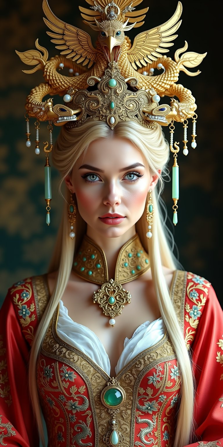 A stunning (Ukrainian woman), wearing an opulent ancient Chinese empress costume,Her Slavic features, -blue eyes and fair skin, contrast beautifully with the ornate Chinese attire, Elaborate headdress adorned with gold filigree, jade beads, and hanging pearls, Intricate phoenix crown with delicate golden leaves and gemstones,Layered silk robes in rich red and gold, embroidered with dragons and auspicious symbols, Wide, flowing sleeves with detailed embroidery, Ornate collar piece studded with precious stones,Long blonde hair partially visible beneath the headdress,Beautiful woman,Photorealistic,Fantasy detailers 