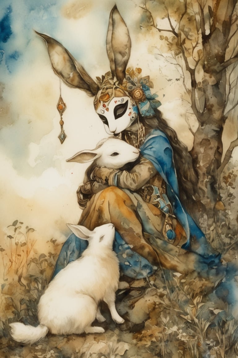 fairy tale illustrations,Simple minimum art, 
myths of another world,
pagan style graffiti art, aesthetic, sepia, ancient Russia,(holy bard),
A female shaman,(wearing a rabbit-faced mask),nodf_xl, in the style of esao andrews,rabbit kissing sheep,
watercolor \(medium\),jewel pet