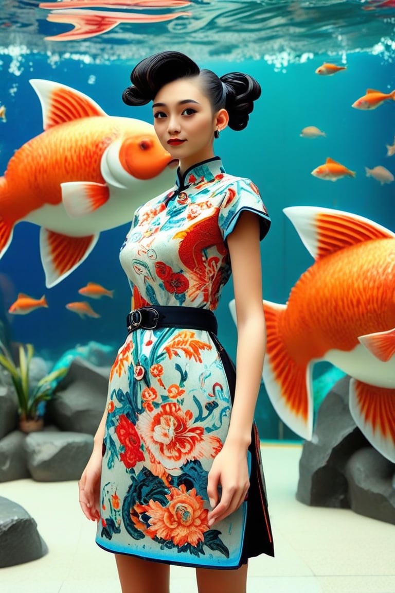 1girl,Young woman, in modern Guochao (Chinese national trend) fashion, standing before a giant aquarium, She wears a chic qipao dress with contemporary patterns, mixing traditional Chinese elements and pop art. Her hair is styled in a modern updo with decorative hairpins. The dress features vibrant colors and sleek cut, blending traditional silhouettes with street style aesthetics. I,ek_real_b00ster,S0ul0fsc1f1