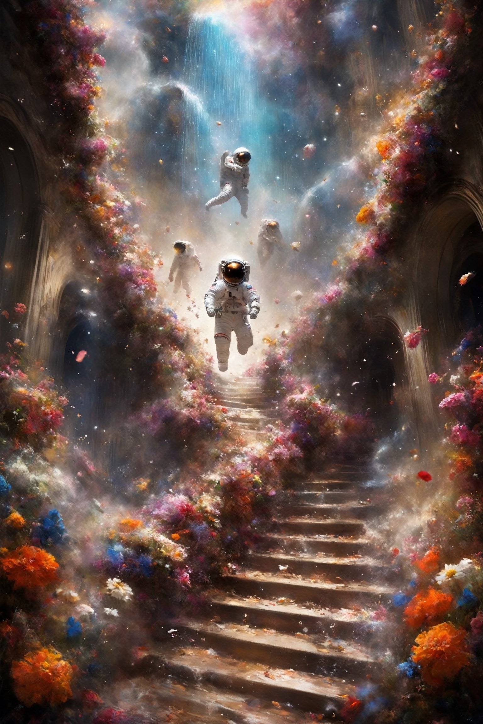 1 man,Astronauts surrounded by flowers, Colorful flowers falling like a waterfall, a flood of petals, astronauts landing on a flower star,staircase,astronaut_flowers