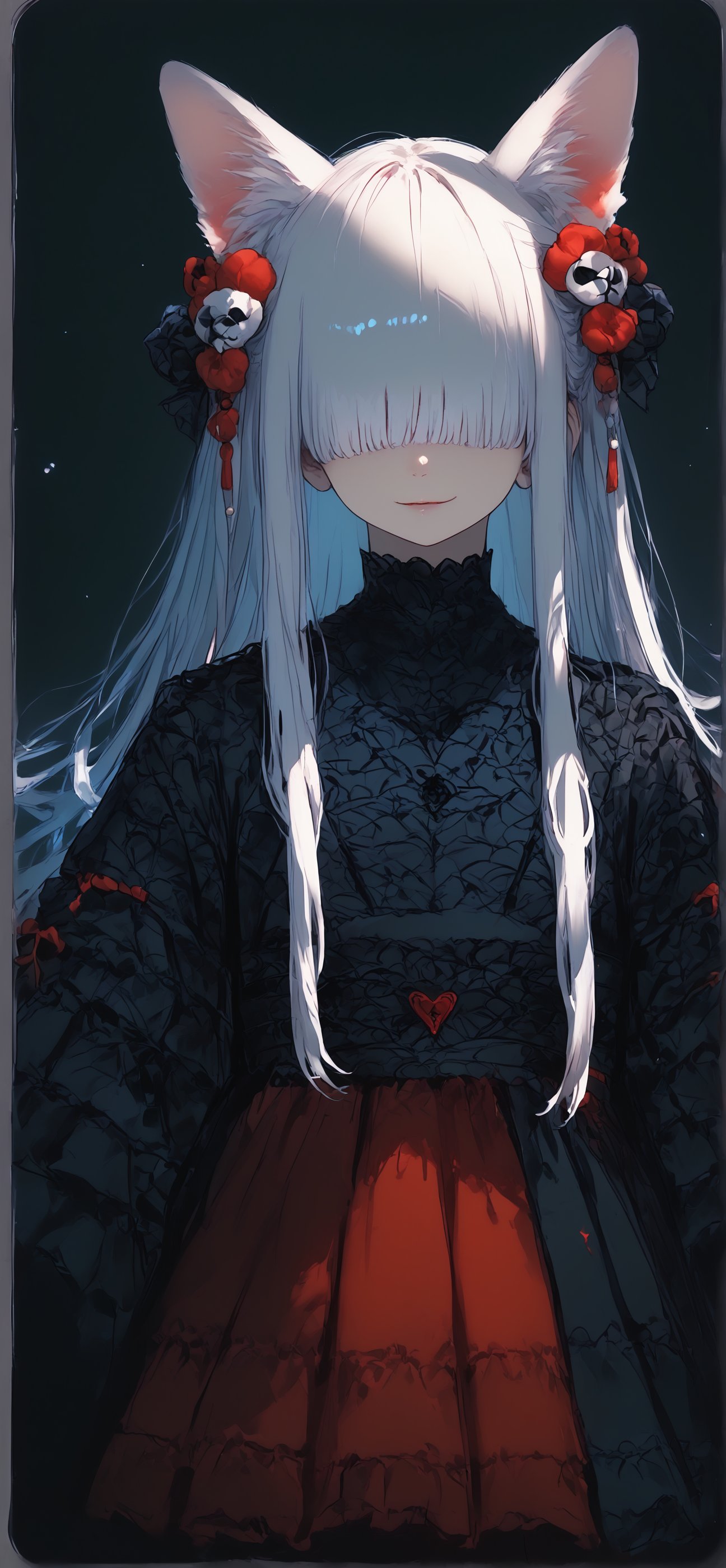 (score_9,score_8_up,score_7_up),solo,Albino fox Girl,animal fox ears,red eyes,long pure White hair,red skirt,goth style luxury layered kimono,hair ornament,(hair over eyes:1.5), (bangs cover her eyes:1.5),Full body,v,smile,goth girl,sagawa,garter straps,YuukiTeitoStyle,Examplelora,Details,G41xy 