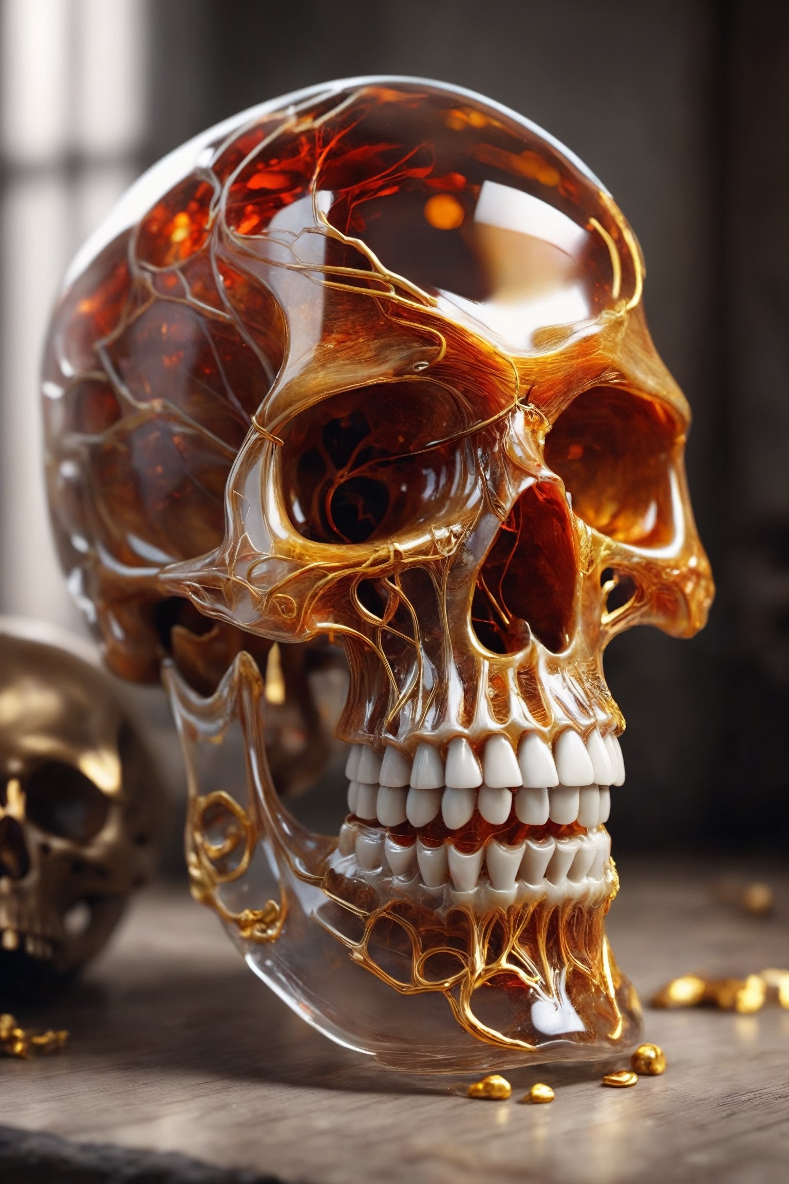 Skull made of crystal, beautiful atmosphere with golden lines, perfectly transparent bones, golden blood vessels