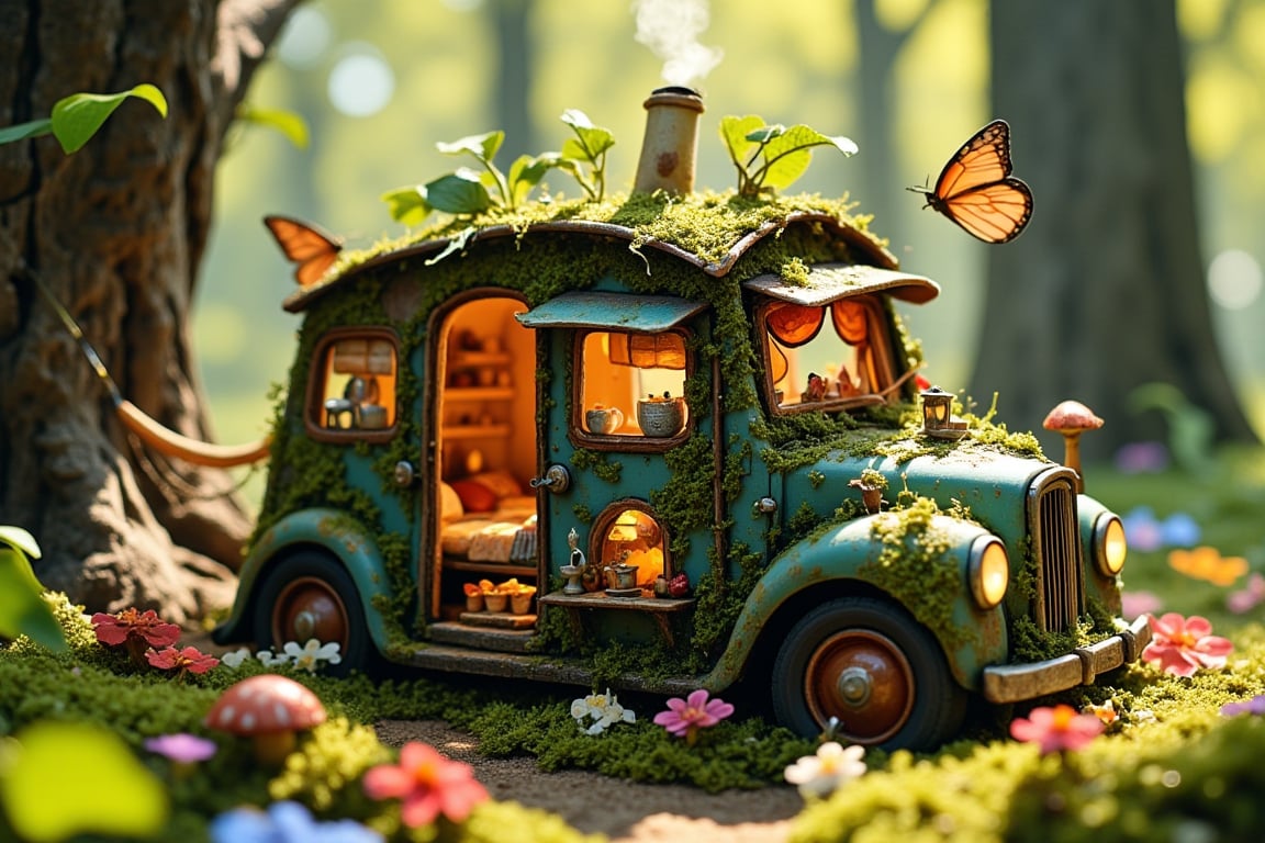 A whimsical fairy house crafted from an abandoned vintage car in a sunlit forest clearing. Moss and colorful wildflowers cover the rusted exterior. Tiny windows cut into doors and hood, curtained with delicate leaves. Toadstool chimney sprouts from the roof. Butterfly wings serve as awnings.

Interior view through windows reveals:
Acorn cap lampshades casting warm glow. Thimble soup pots on twig stove. Matchbox beds with flower petal quilts. Bottlecap table set with dewdrop tea service. Postage stamp paintings on bark-paneled walls. Cobweb hammock in corner. Ladybug ottomans around acorn coffee table.

Spiral staircase made from steering wheel leads to loft bedroom in glove compartment. Dashboard converted to a cozy reading nook with tiny bookshelf. Rearview mirrors become magical scrying glasses