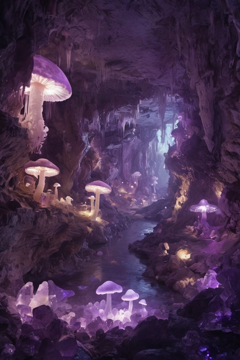 Magical amethyst cave with gemstone mushrooms,Glowing purple crystal walls. Diverse mushrooms made of rubies, sapphires, emeralds, topaz, and amethysts. Quartz clusters and crystal stream. Gem-winged butterflies. Soft, ethereal lighting,
floating jellyfish,
Photorealistic textures with fantastical elements. Ultra HD, focus on light play and gem translucency.",Epic Caves,Amethyst 