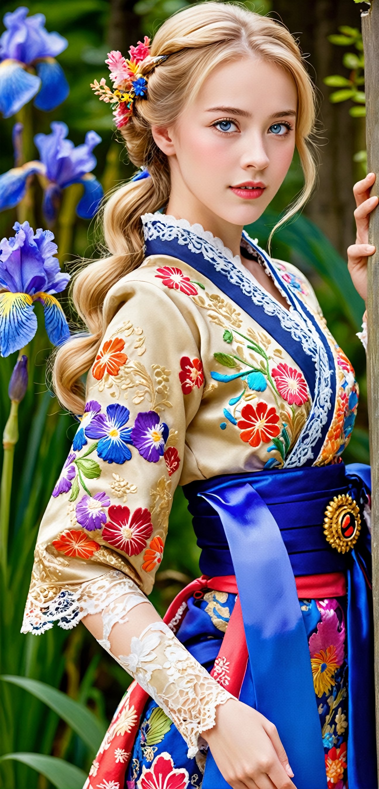 (Beautiful German girl),beautiful blonde hair,beautiful blue iris, wearing a Baroque-style dirndl with vibrant colors, infused with Japanese elements. The dress combines intricate lace and embroidery with colorful kimono-inspired patterns. A wide obi belt cinches her waist, while puffed sleeves and delicate accessories complete the look, showcasing a striking fusion of cultures.,ct-drago