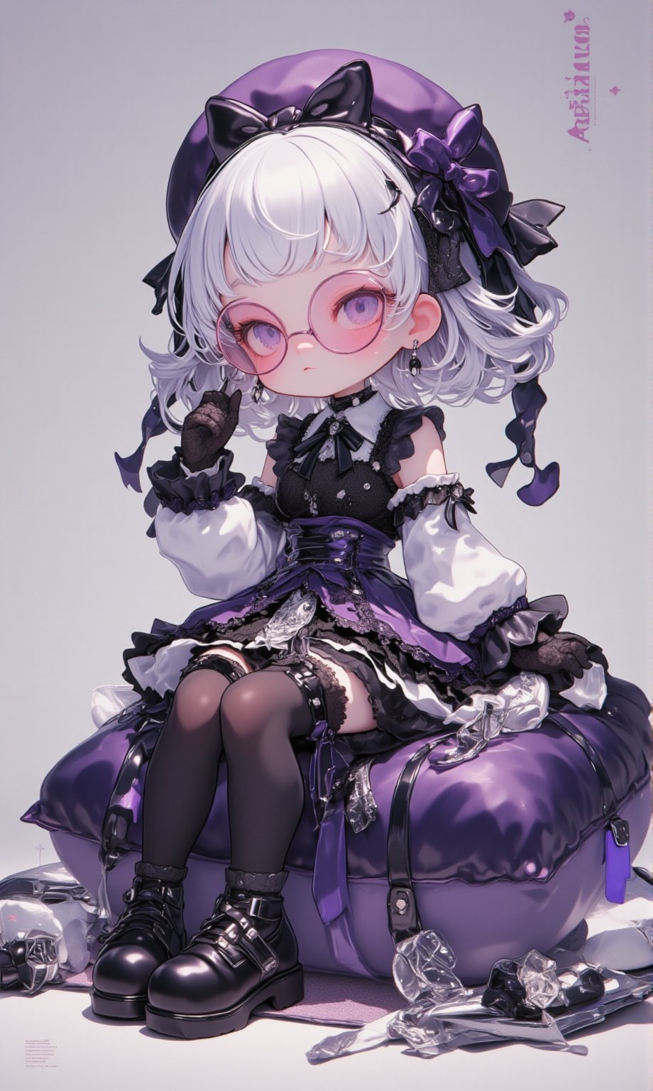 (Cute anime-style chibi figurine),3d figure,
Create a highly detailed figure, a cute girl sitting on a large cushion,Her outfit is Gothic Lolita style, featuring a black lace-trimmed dress with black ribbons and frills,wears pink-rimmed glasses,
She wears thigh-high stockings, black lace gloves, and platform shoes with ribbons,hair is styled in loose curls and adorned with a Gothic headdress, muted tones that complement the girl's elegant yet cute look,silver and purple accents to match her Gothic style,lyh,dal,create figure 2,